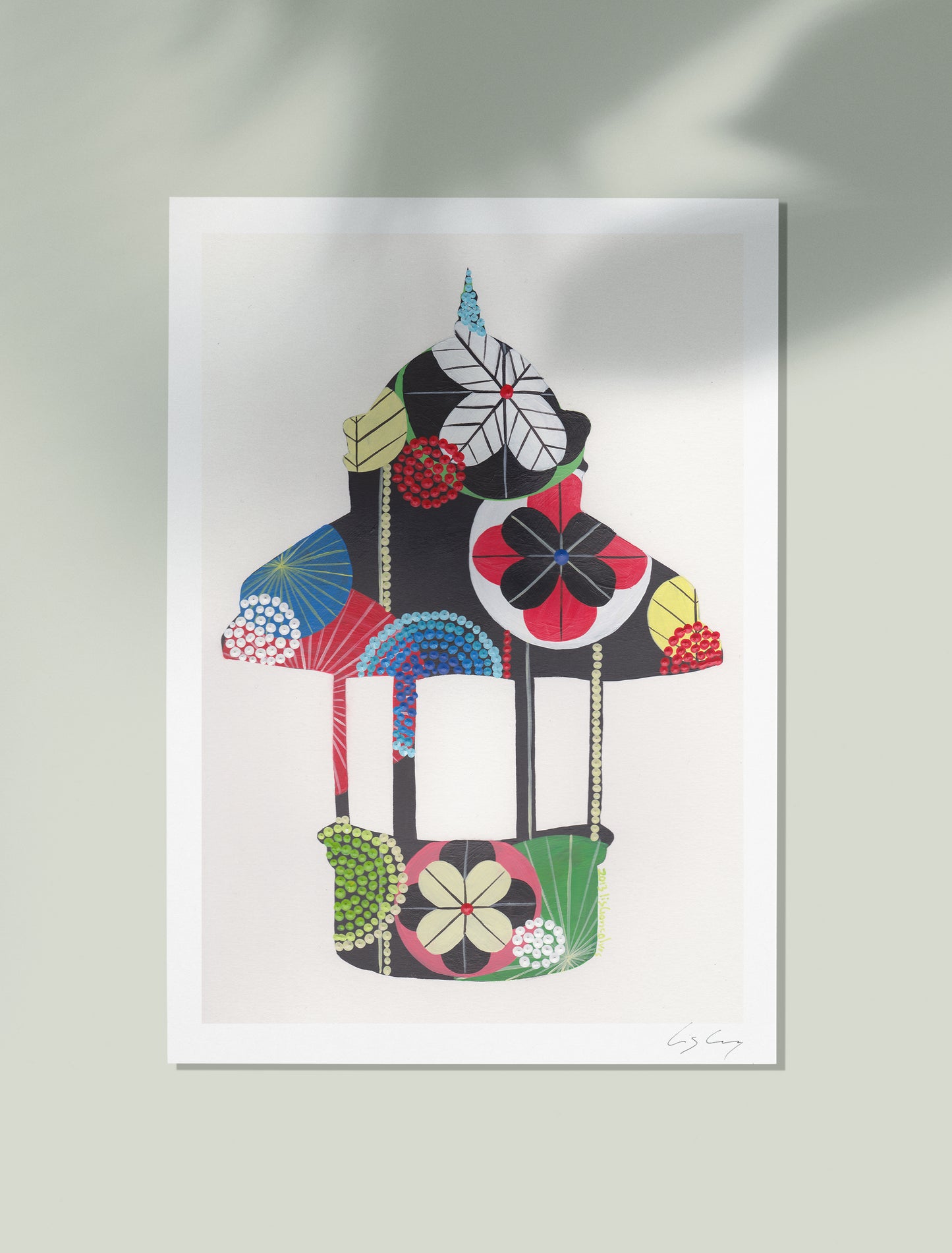 An unframed fine art print, by Lis Gonçalves. Open edition, signed by the artist (printed in Hahnemühle matt fibre paper) of a colorful Lisbon kiosk on a white background