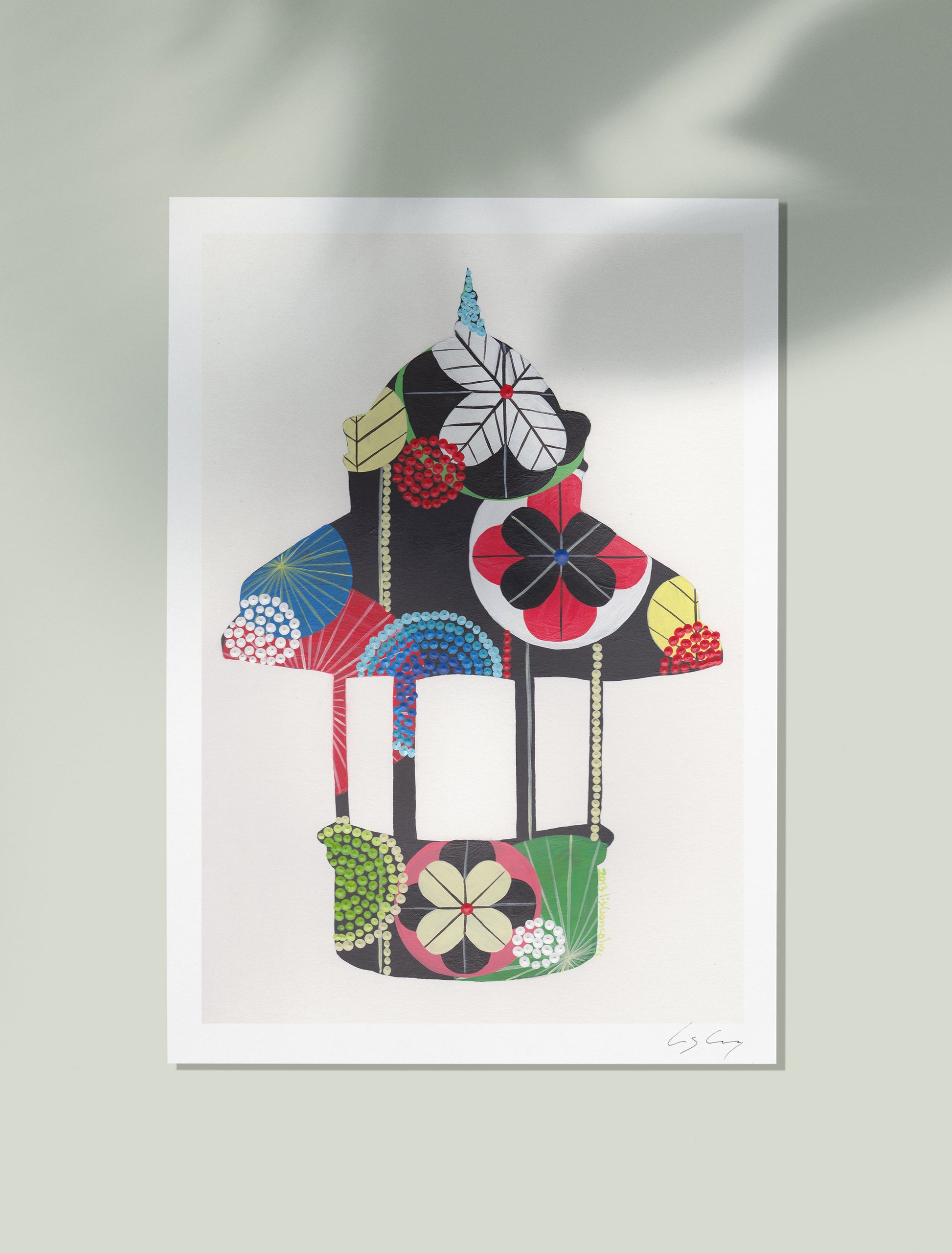 An unframed fine art print, by Lis Gonçalves. Open edition, signed by the artist (printed in Hahnemühle matt fibre paper) of a colorful Lisbon kiosk on a white background