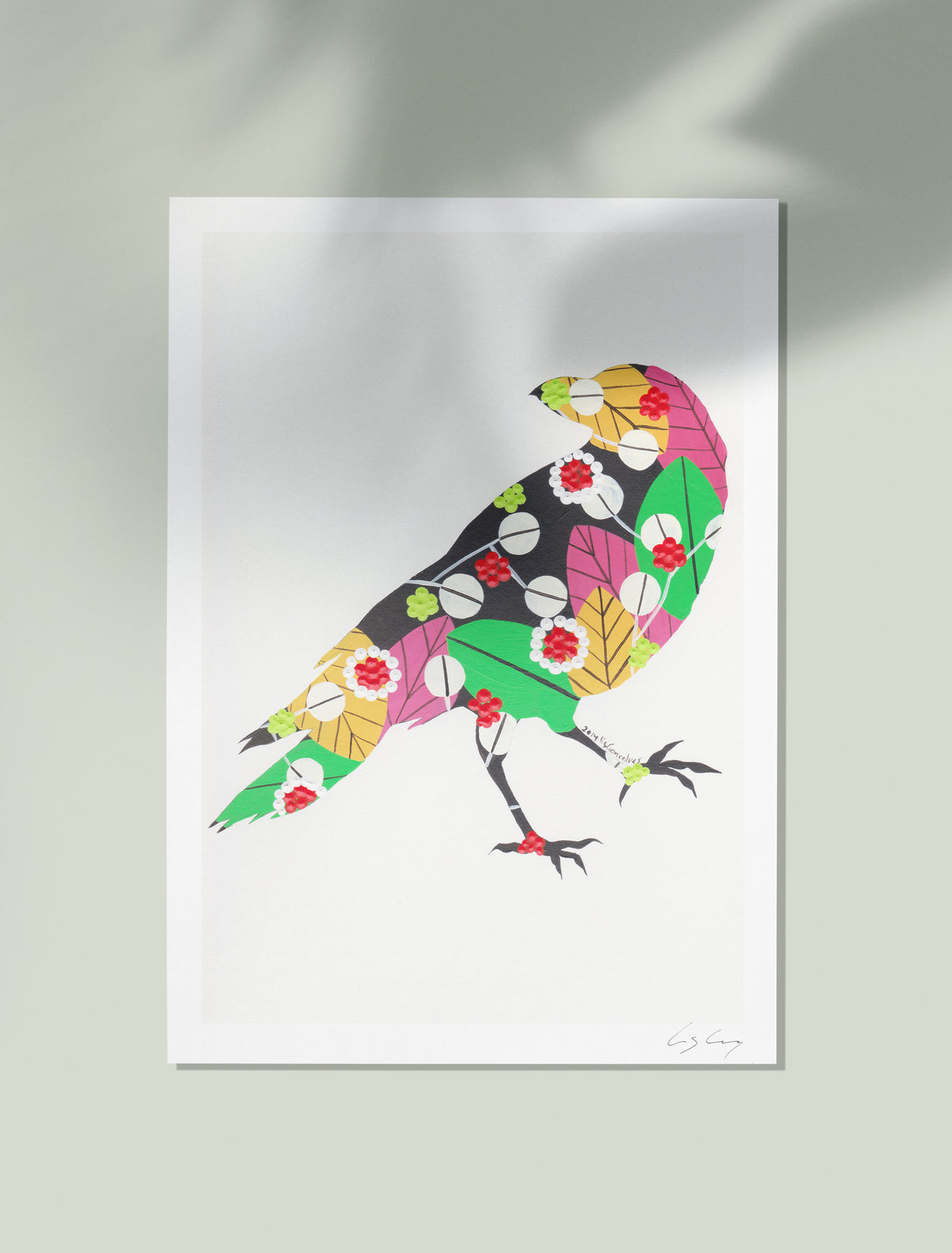 An unframed fine art print, by Lis Gonçalves. Open edition, signed by the artist (printed in Hahnemühle matt fibre paper) of a colorful raven illustration on a white background