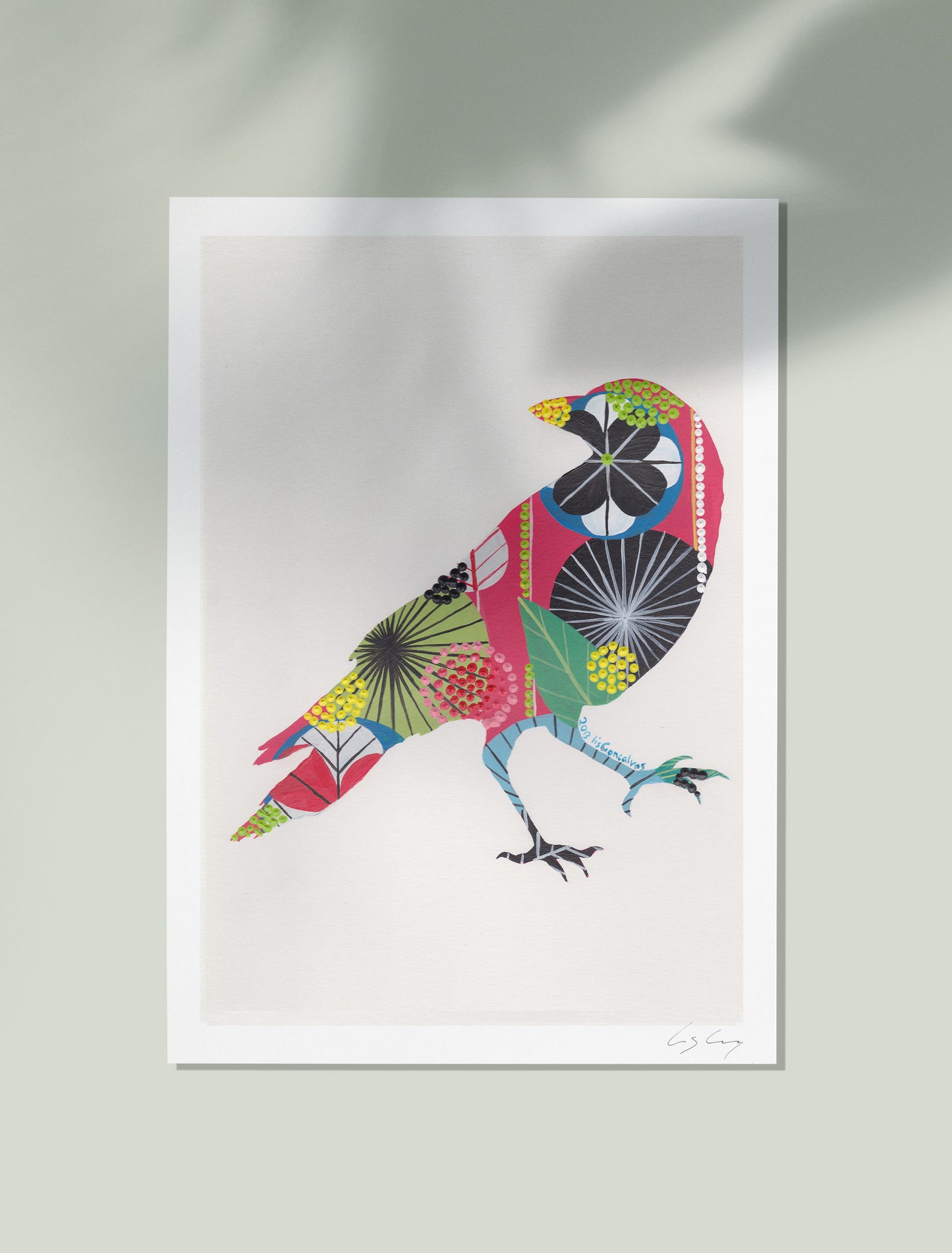An unframed fine art print, by Lis Gonçalves. Open edition, signed by the artist (printed in Hahnemühle matt fibre paper) featuring a colorful raven illustration on a white background