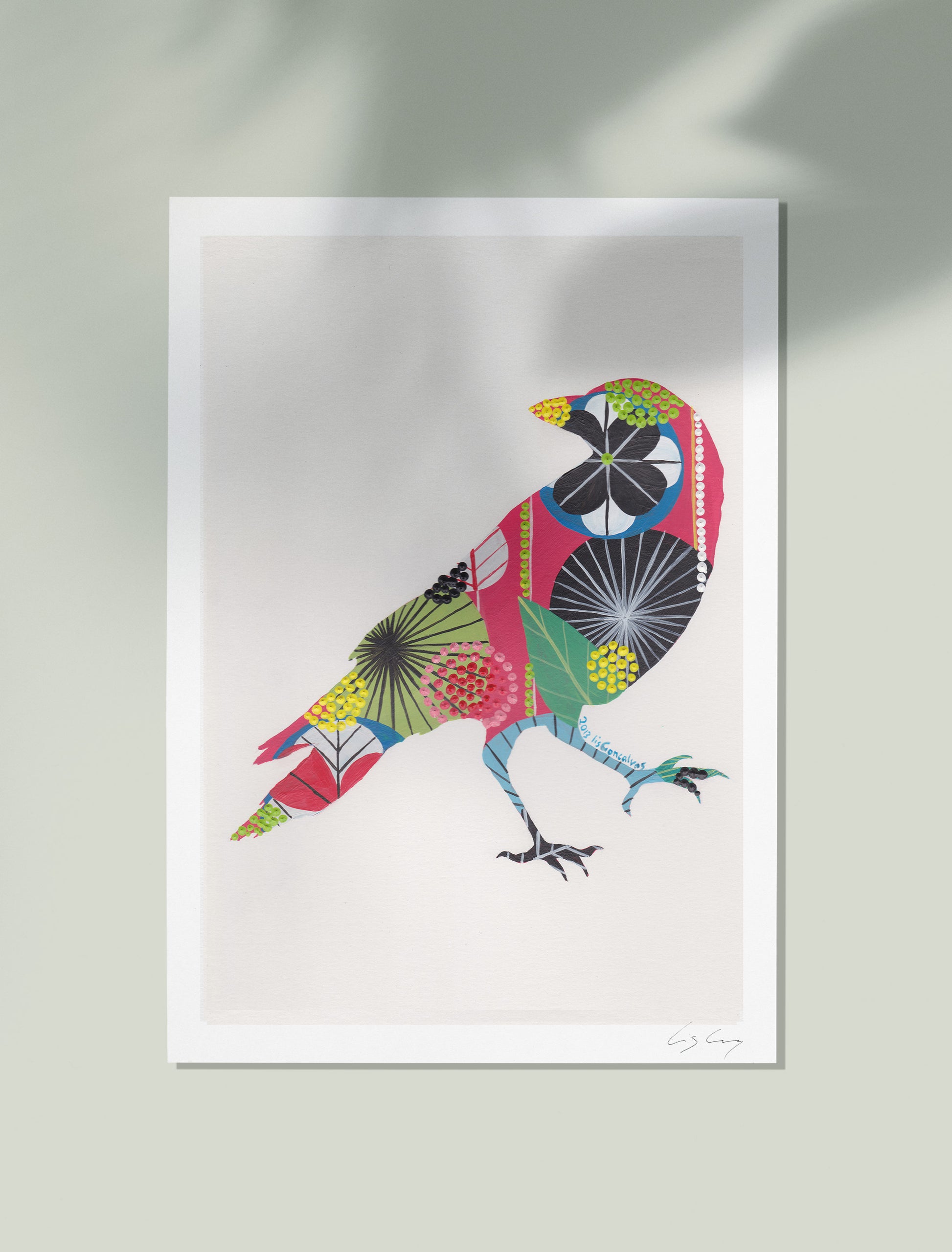 An unframed fine art print, by Lis Gonçalves. Open edition, signed by the artist (printed in Hahnemühle matt fibre paper) featuring a colorful raven illustration on a white background