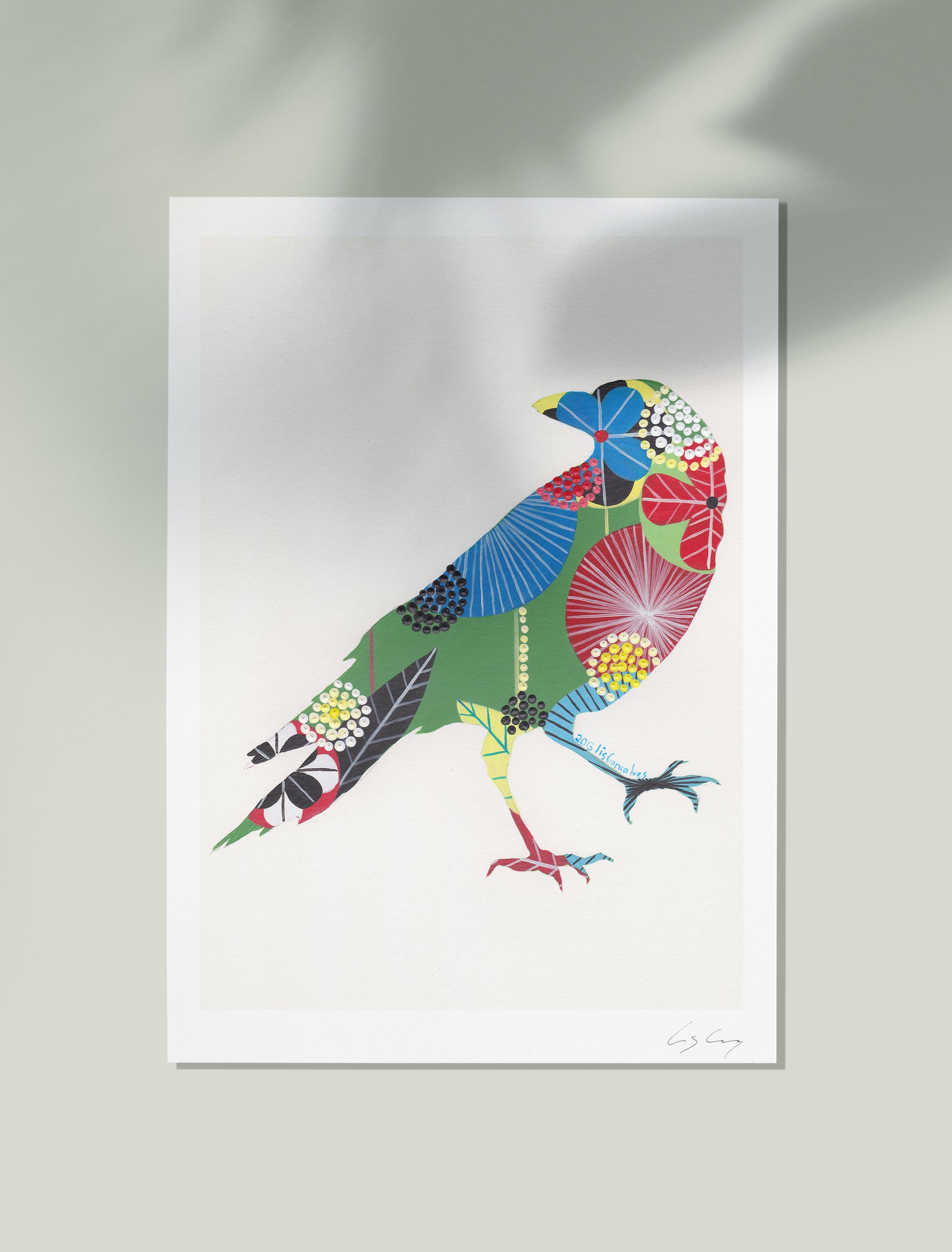 A framed fine art print, by Lis Gonçalves. Open edition, signed by the artist (printed in Hahnemühle matt fibre paper) of a colorful raven on a white background