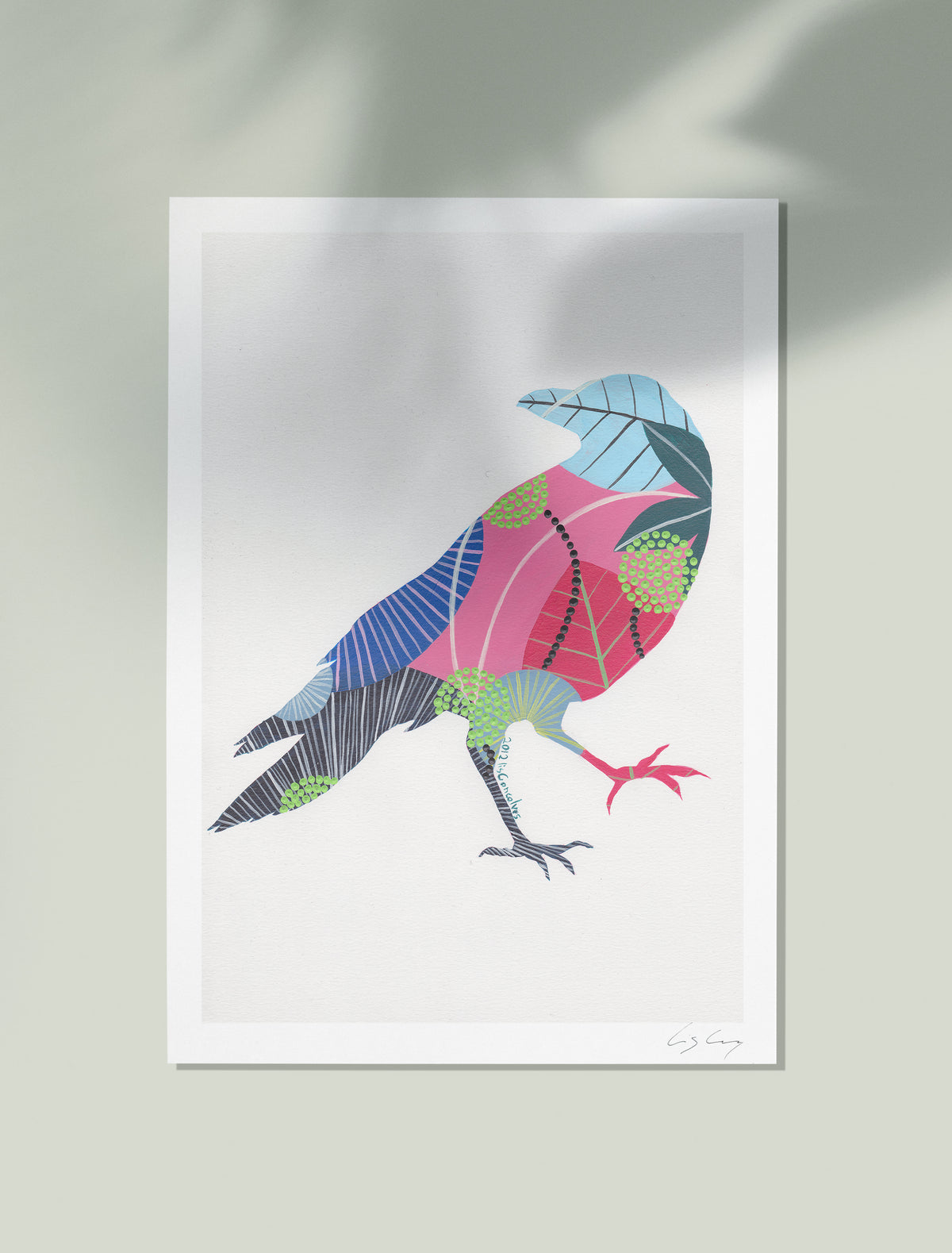 An unframed fine art print, by Lis Gonçalves. Open edition, signed by the artist (printed in Hahnemühle matt fibre paper) of a colorful bird illustration on a white background