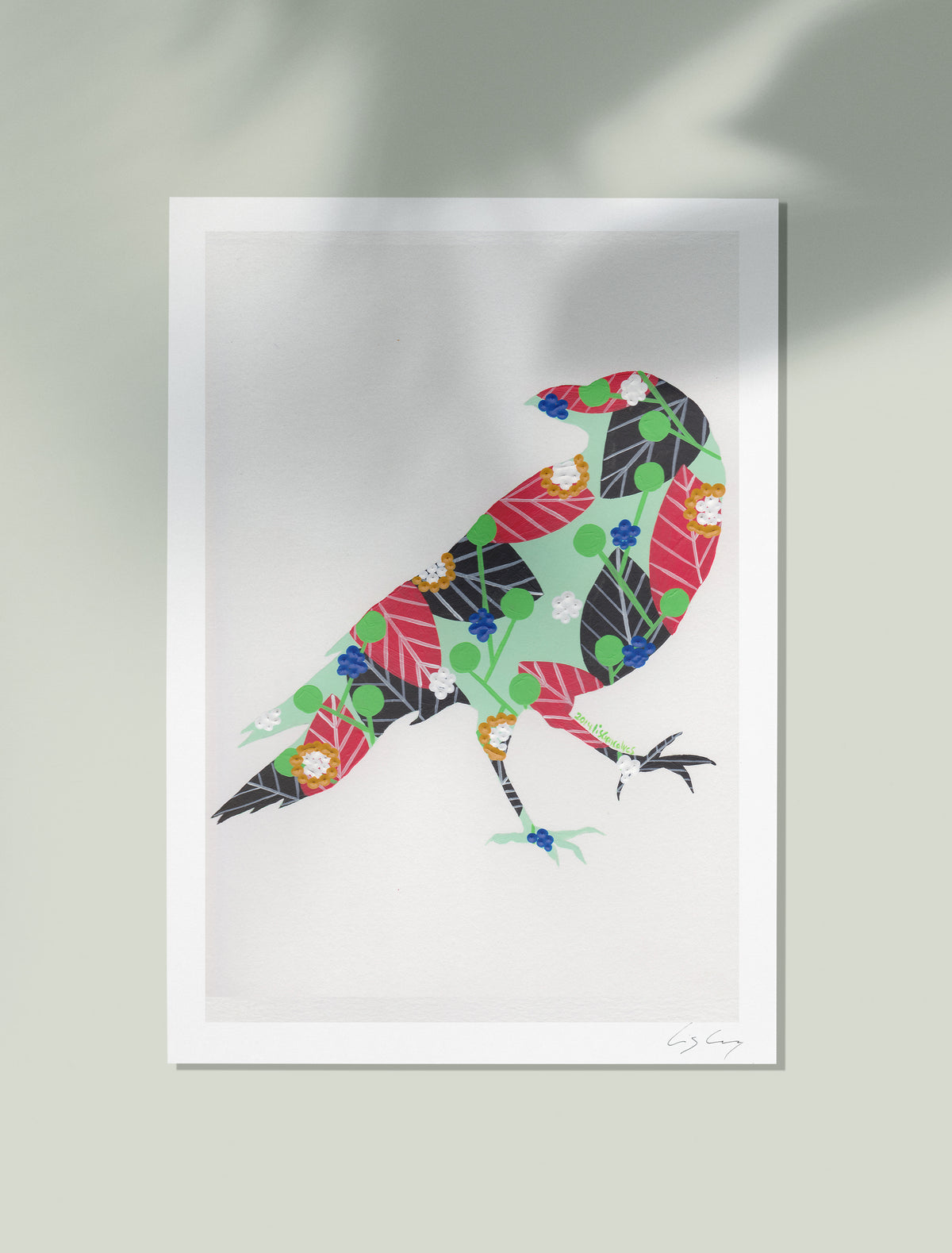 An unframed fine art print, by Lis Gonçalves. Open edition, signed by the artist (printed in Hahnemühle matt fibre paper) featuring a colorful raven illustration on a white background