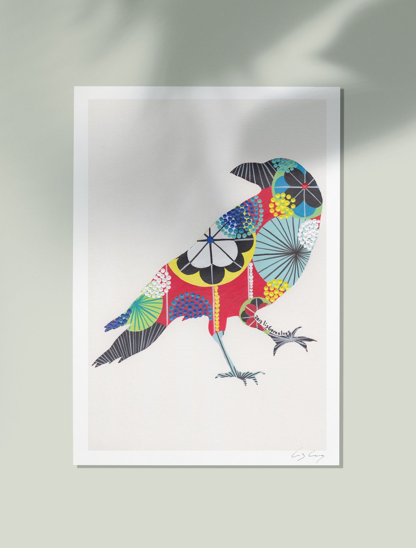 An unframed fine art print, by Lis Gonçalves. Open edition, signed by the artist (printed in Hahnemühle matt fibre paper) of a colorful bird illustration on a white background
