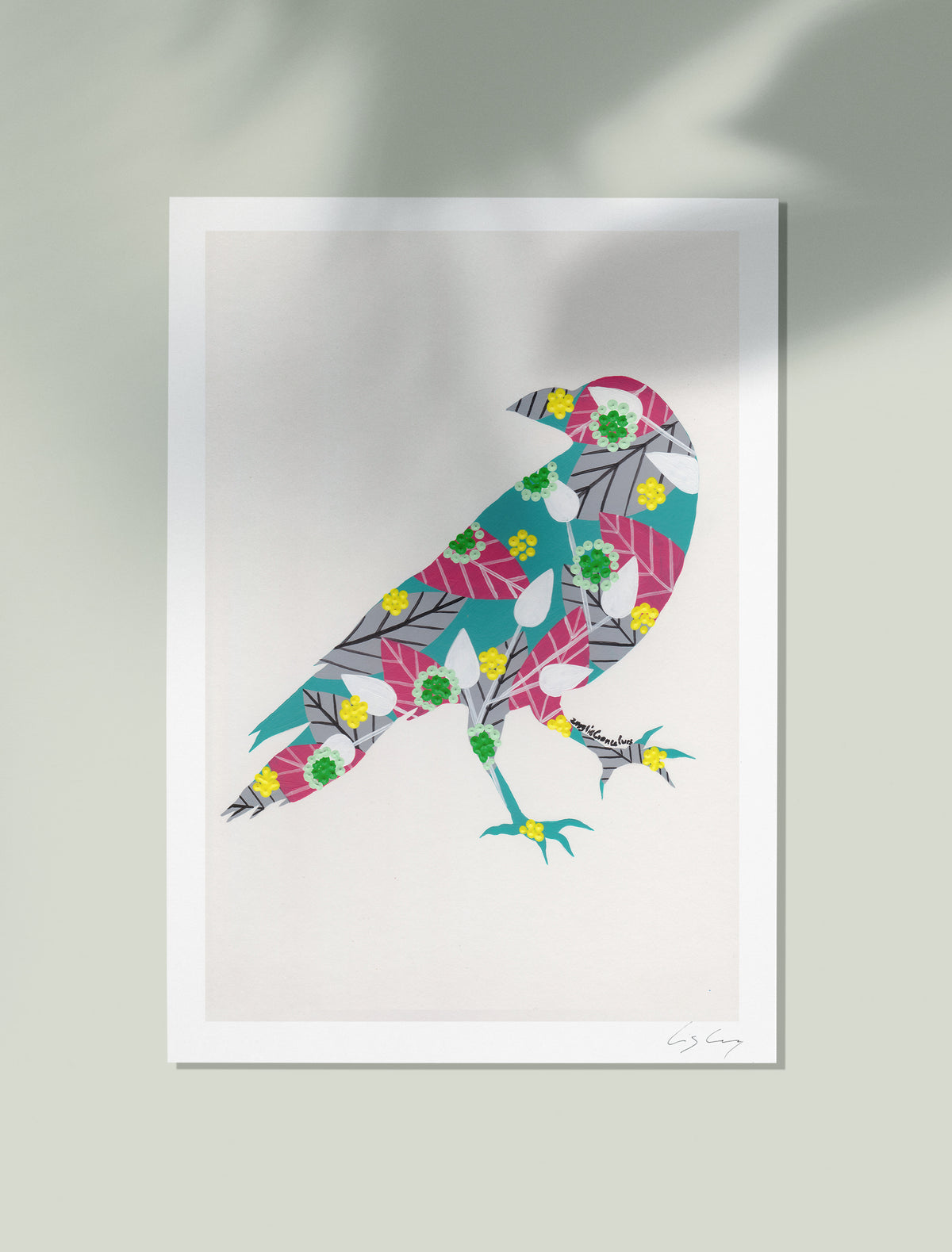 An unframed fine art print, by Lis Gonçalves. Open edition, signed by the artist (printed in Hahnemühle matt fibre paper) featuring a colorful raven illustration on a white background