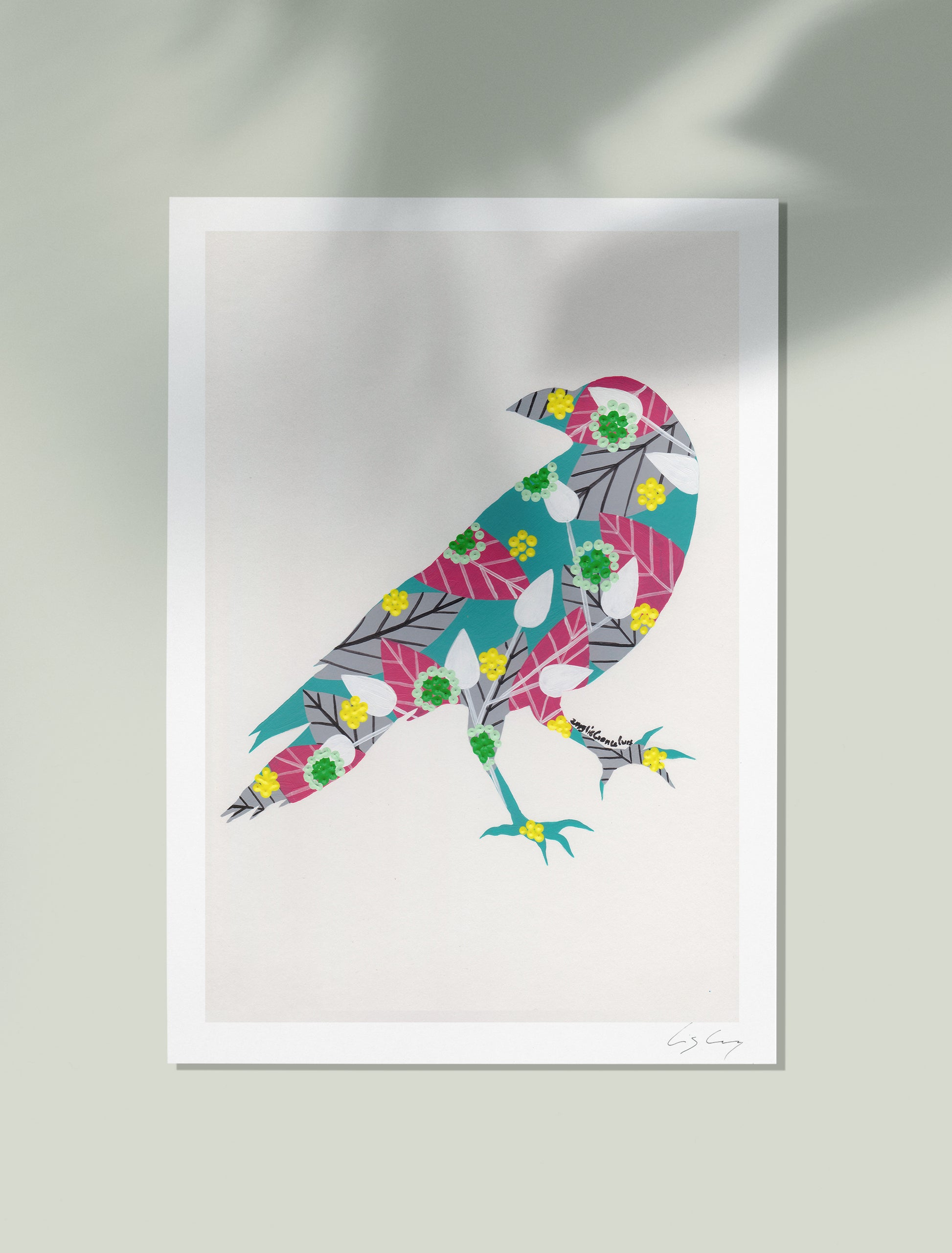 An unframed fine art print, by Lis Gonçalves. Open edition, signed by the artist (printed in Hahnemühle matt fibre paper) featuring a colorful raven illustration on a white background