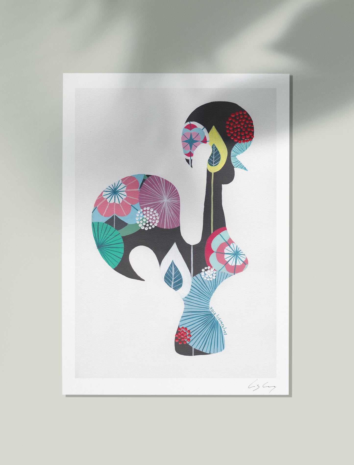 An unframed fine art print, by Lis Gonçalves. Open edition, signed by the artist (printed in Hahnemühle matt fibre paper) featuring a colorful Portuguese rooster on a light gray background