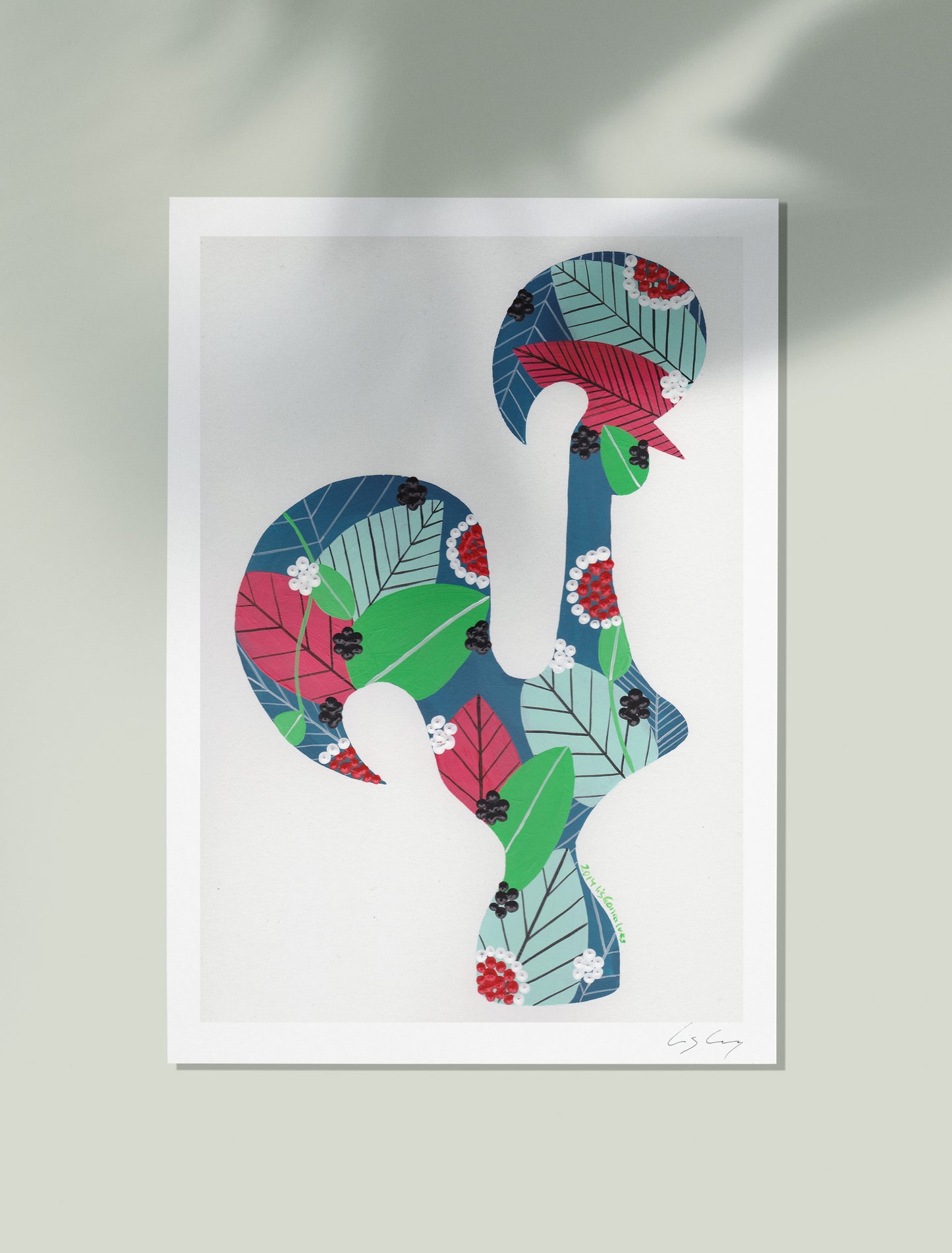 An unframed fine art print, by Lis Gonçalves. Open edition, signed by the artist (printed in Hahnemühle matt fibre paper) featuring a colorful Portuguese rooster on a white background