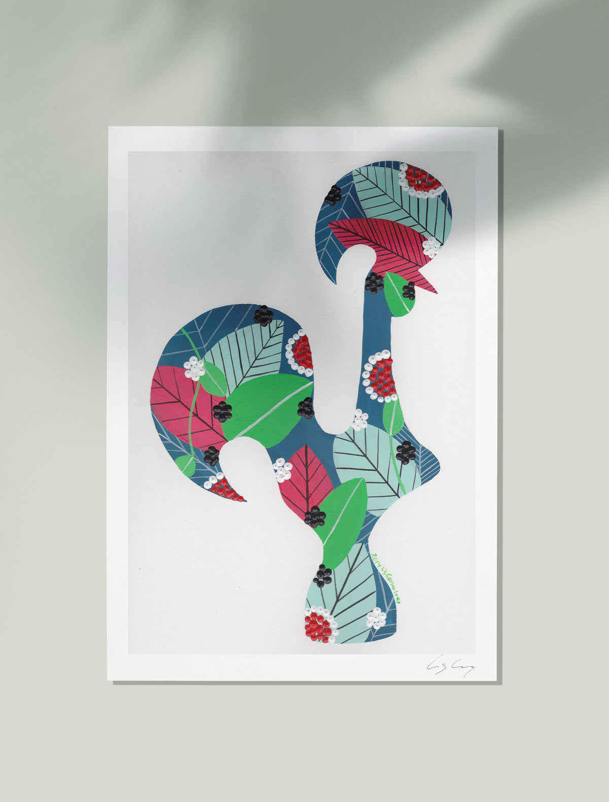 An unframed fine art print, by Lis Gonçalves. Open edition, signed by the artist (printed in Hahnemühle matt fibre paper) featuring a colorful Portuguese rooster on a white background