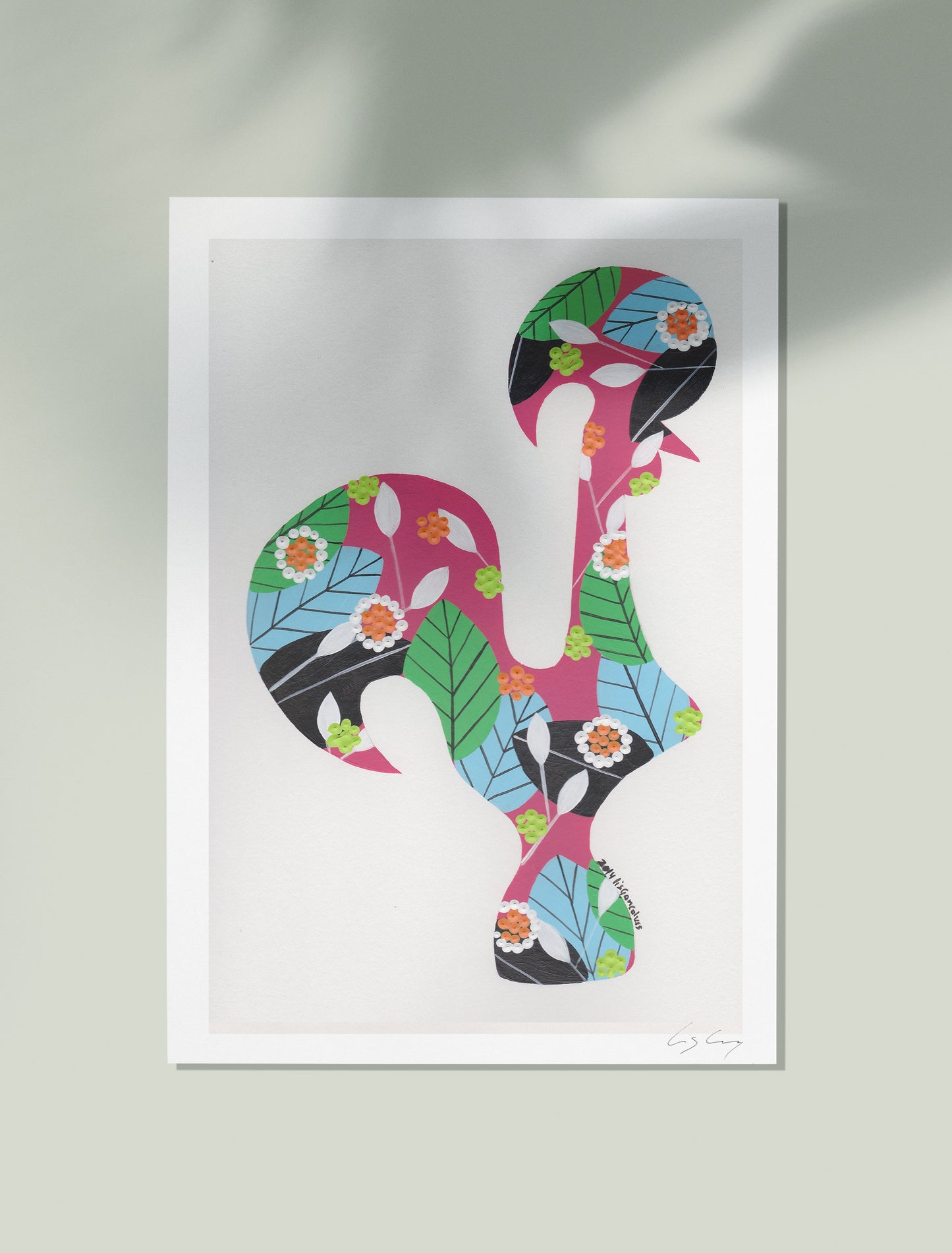 An unframed fine art print, by Lis Gonçalves. Open edition, signed by the artist (printed in Hahnemühle matt fibre paper) featuring a colorful Portuguese rooster on a white background