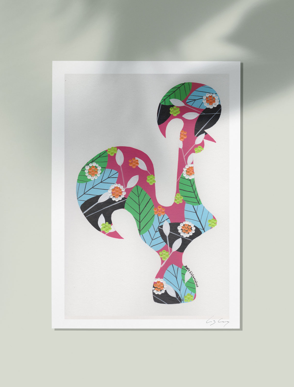 An unframed fine art print, by Lis Gonçalves. Open edition, signed by the artist (printed in Hahnemühle matt fibre paper) featuring a colorful Portuguese rooster on a white background