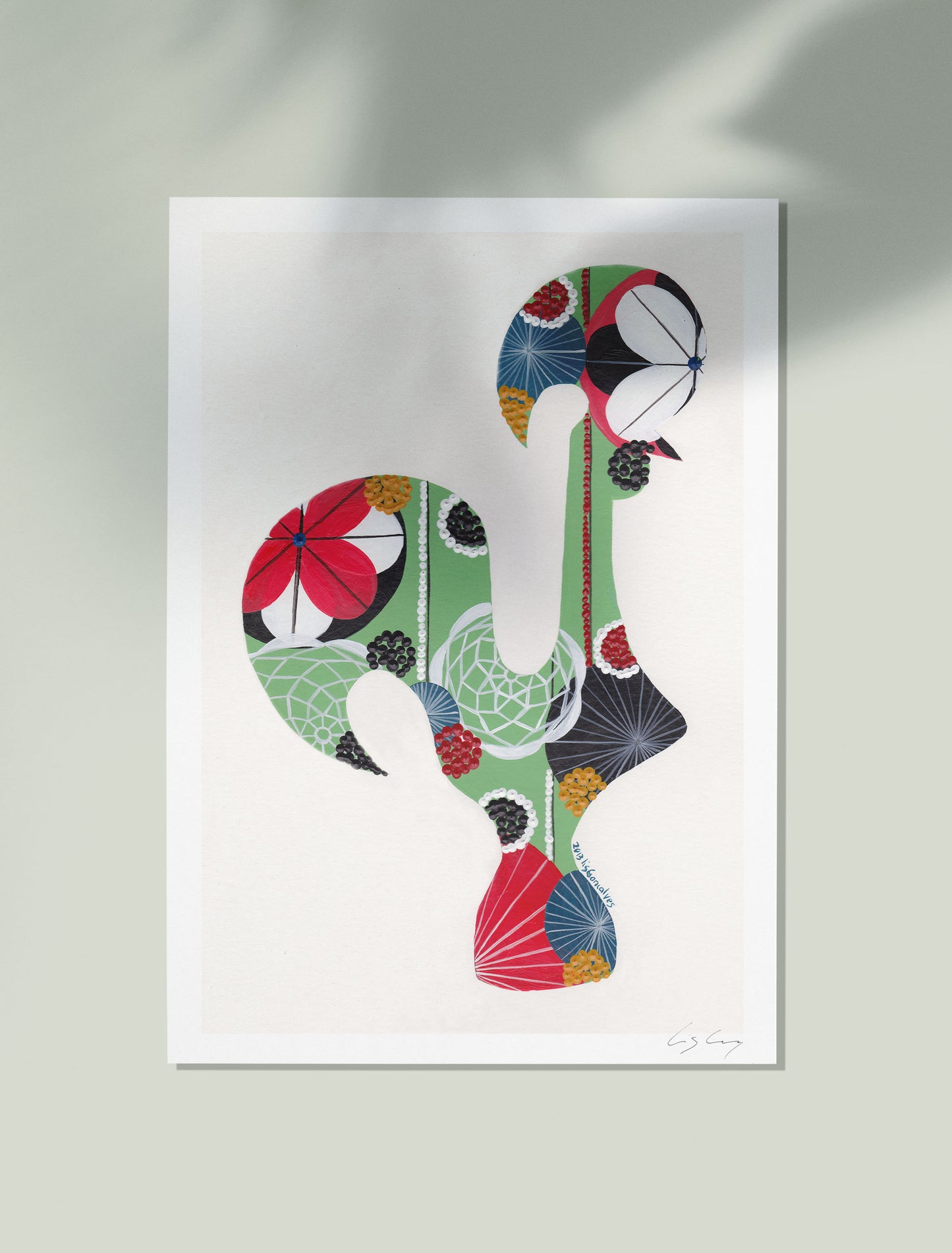 An unframed fine art print, by Lis Gonçalves. Open edition, signed by the artist (printed in Hahnemühle matt fibre paper) featuring a colorful Portuguese rooster on a white background
