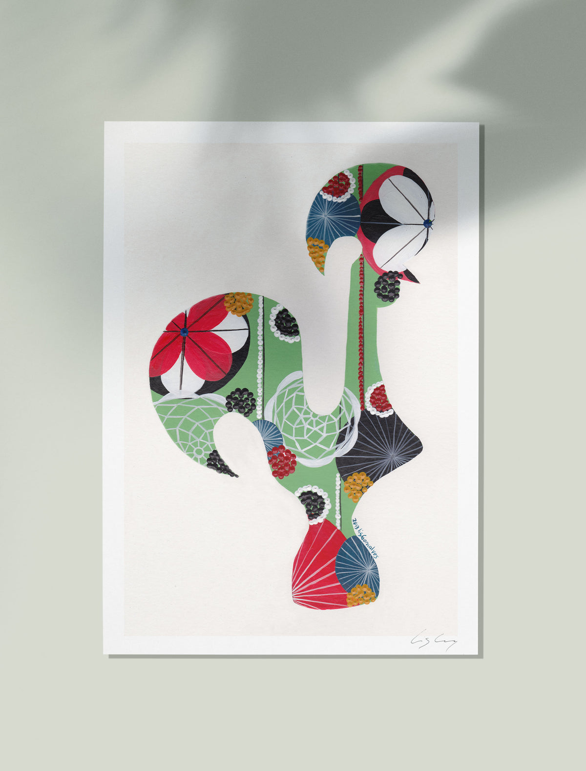 An unframed fine art print, by Lis Gonçalves. Open edition, signed by the artist (printed in Hahnemühle matt fibre paper) featuring a colorful Portuguese rooster on a white background