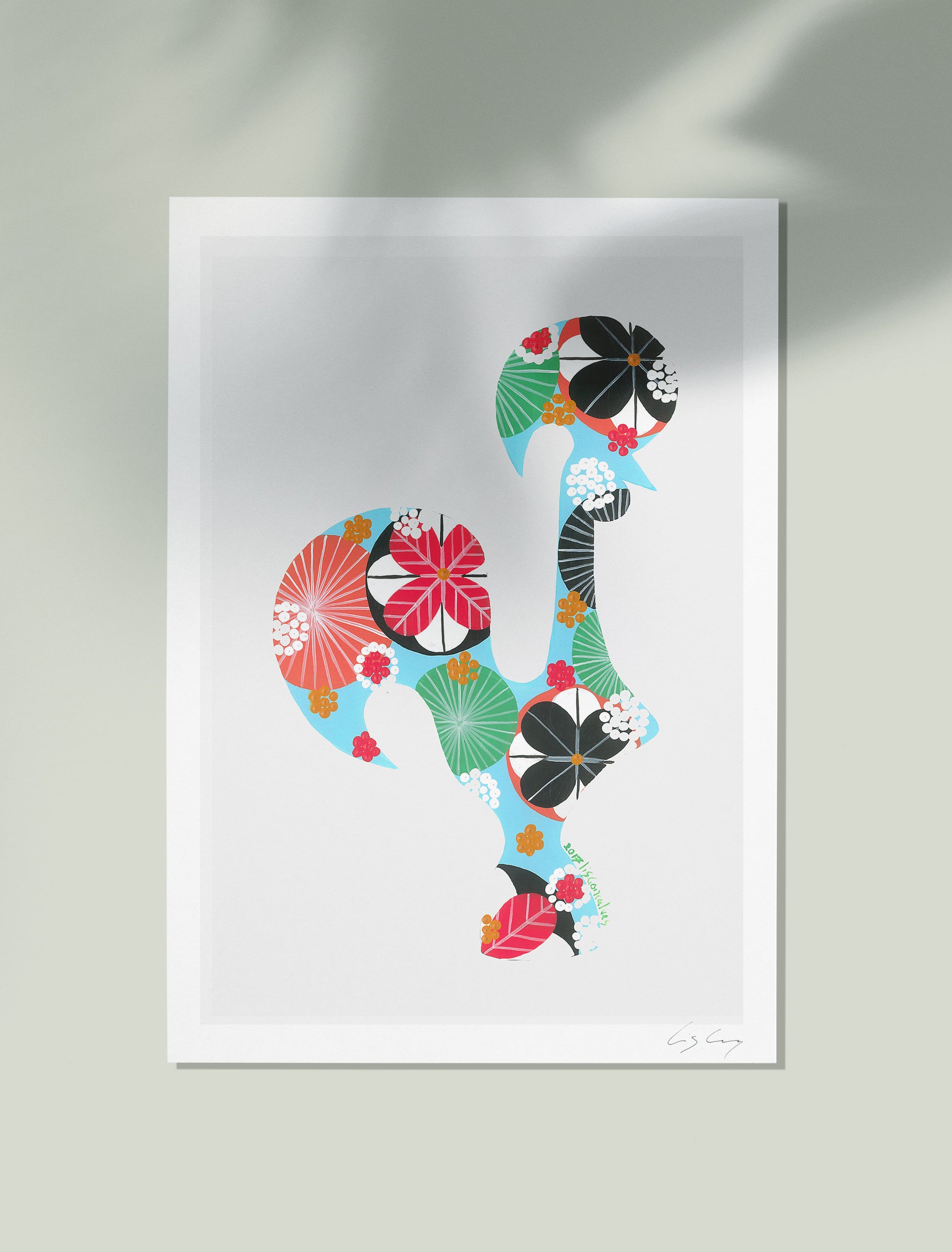 An unframed fine art print, by Lis Gonçalves. Open edition, signed by the artist (printed in Hahnemühle matt fibre paper) featuring a colorful Portuguese rooster on a white background.
