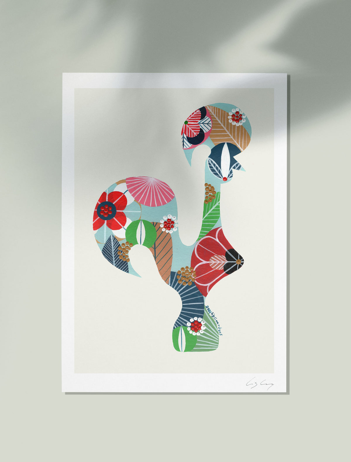 An unframed fine art print, by Lis Gonçalves. Open edition, signed by the artist (printed in Hahnemühle matt fibre paper) featuring a colorful Portuguese rooster on a light gray background