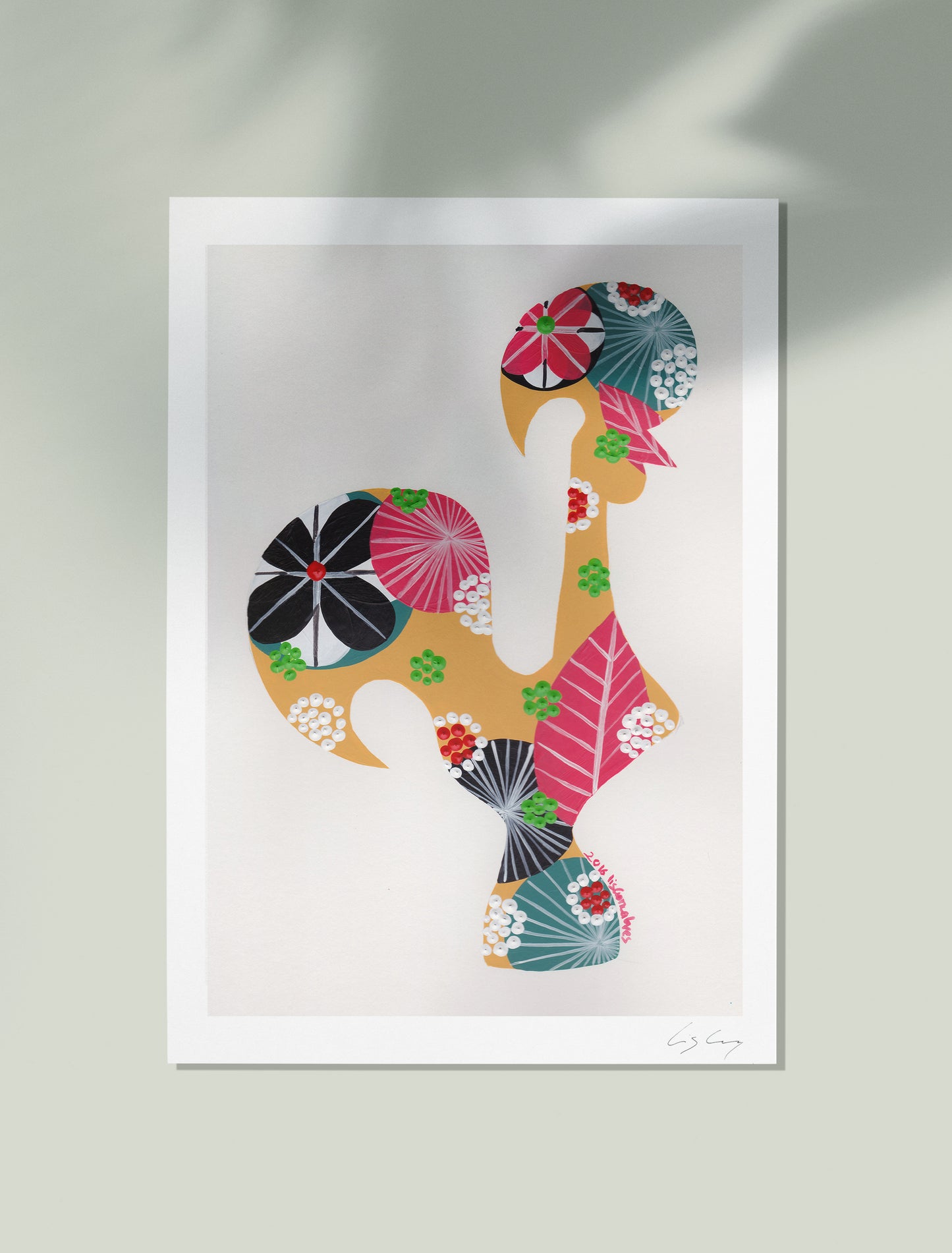 An unframed fine art print, by Lis Gonçalves. Open edition, signed by the artist (printed in Hahnemühle matt fibre paper) featuring a colorful Portuguese rooster on a light gray background