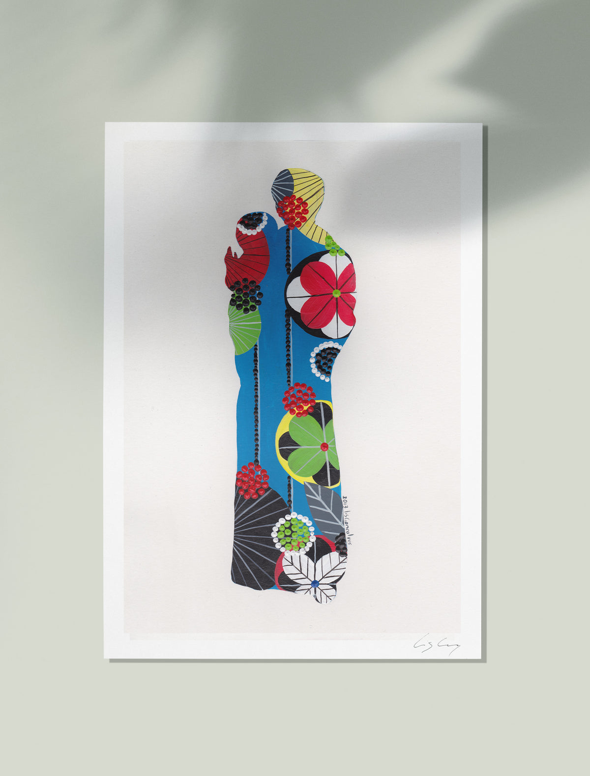 An unframed fine art print, by Lis Gonçalves. Open edition, signed by the artist (printed in Hahnemühle matt fibre paper) featuring a colorful Saint Anthony on a white background.