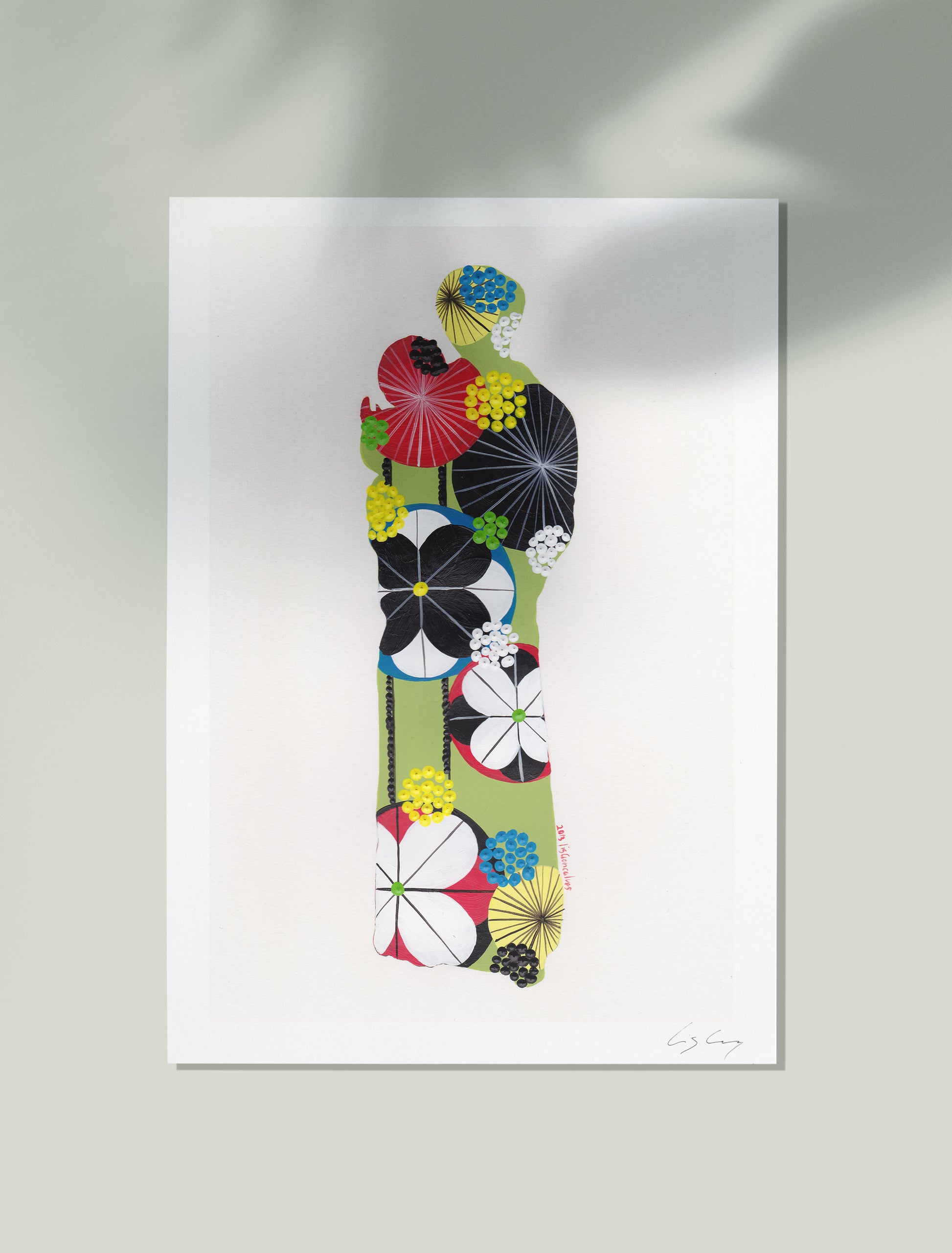 An unframed fine art print, by Lis Gonçalves. Open edition, signed by the artist (printed in Hahnemühle matt fibre paper) featuring a colorful Saint Anthony on a white background.