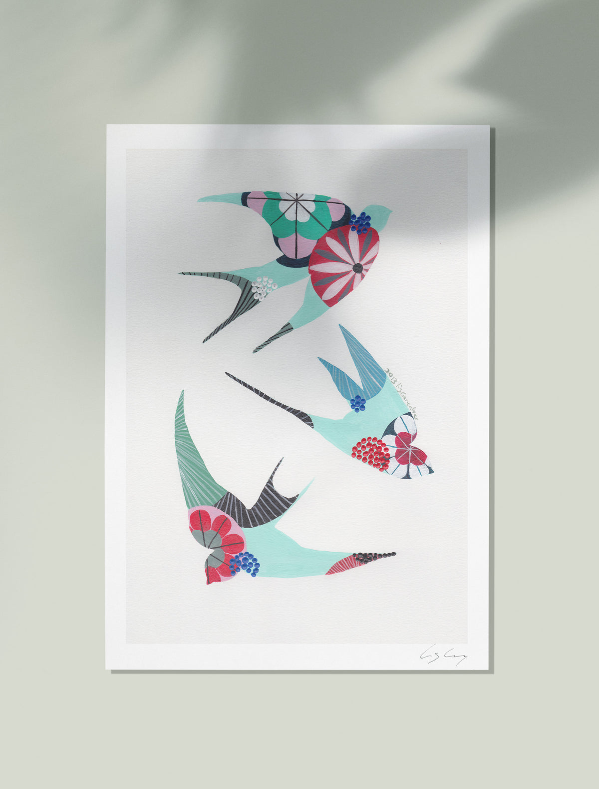 An unframed fine art print, by Lis Gonçalves. Open edition, signed by the artist (printed in Hahnemühle matt fibre paper) featuring colorful swallows on a light gray background