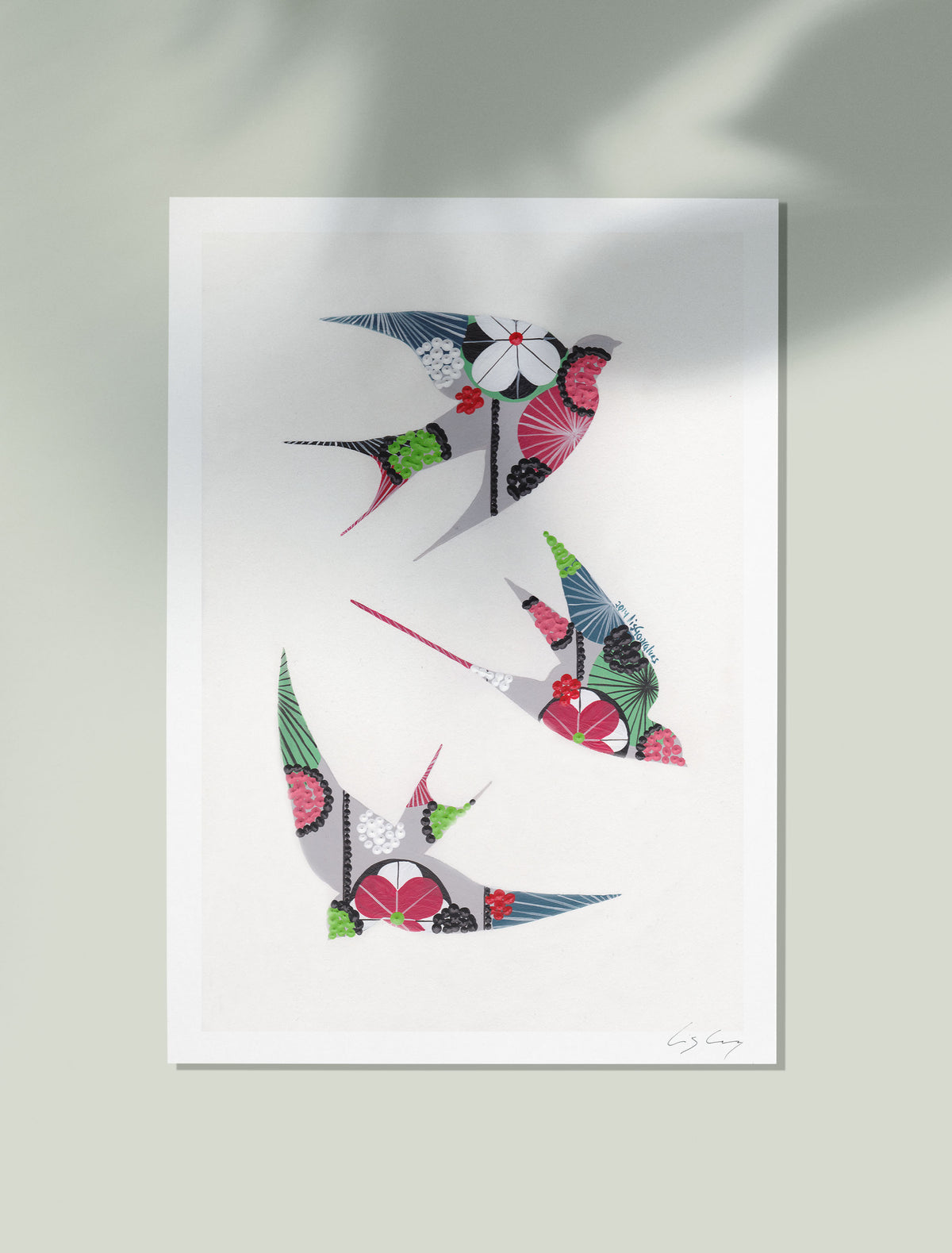 An unframed fine art print, by Lis Gonçalves. Open edition, signed by the artist (printed in Hahnemühle matt fibre paper) featuring colorful swallows on a white background