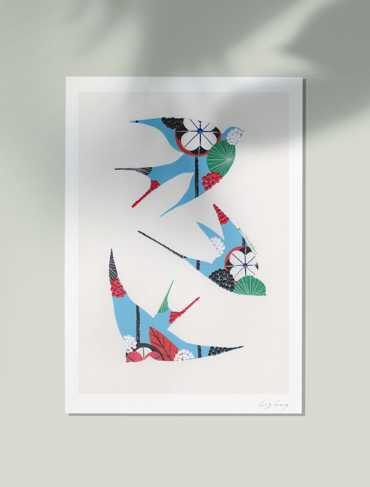 An unframed fine art print, by Lis Gonçalves. Open edition, signed by the artist (printed in Hahnemühle matt fibre paper) featuring colorful swallows with abstract patterns on a light gray background