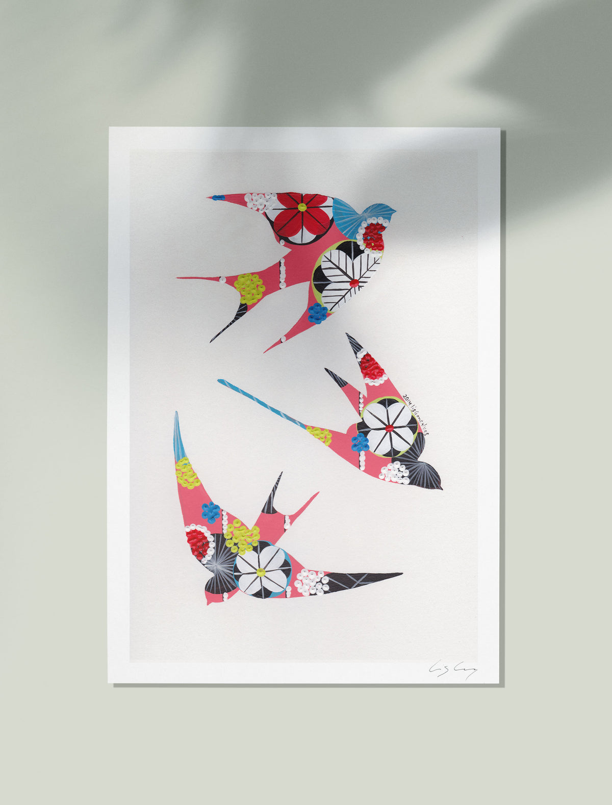 An unframed fine art print, by Lis Gonçalves. Open edition, signed by the artist (printed in Hahnemühle matt fibre paper) featuring a colorful swallows illustration on a white background