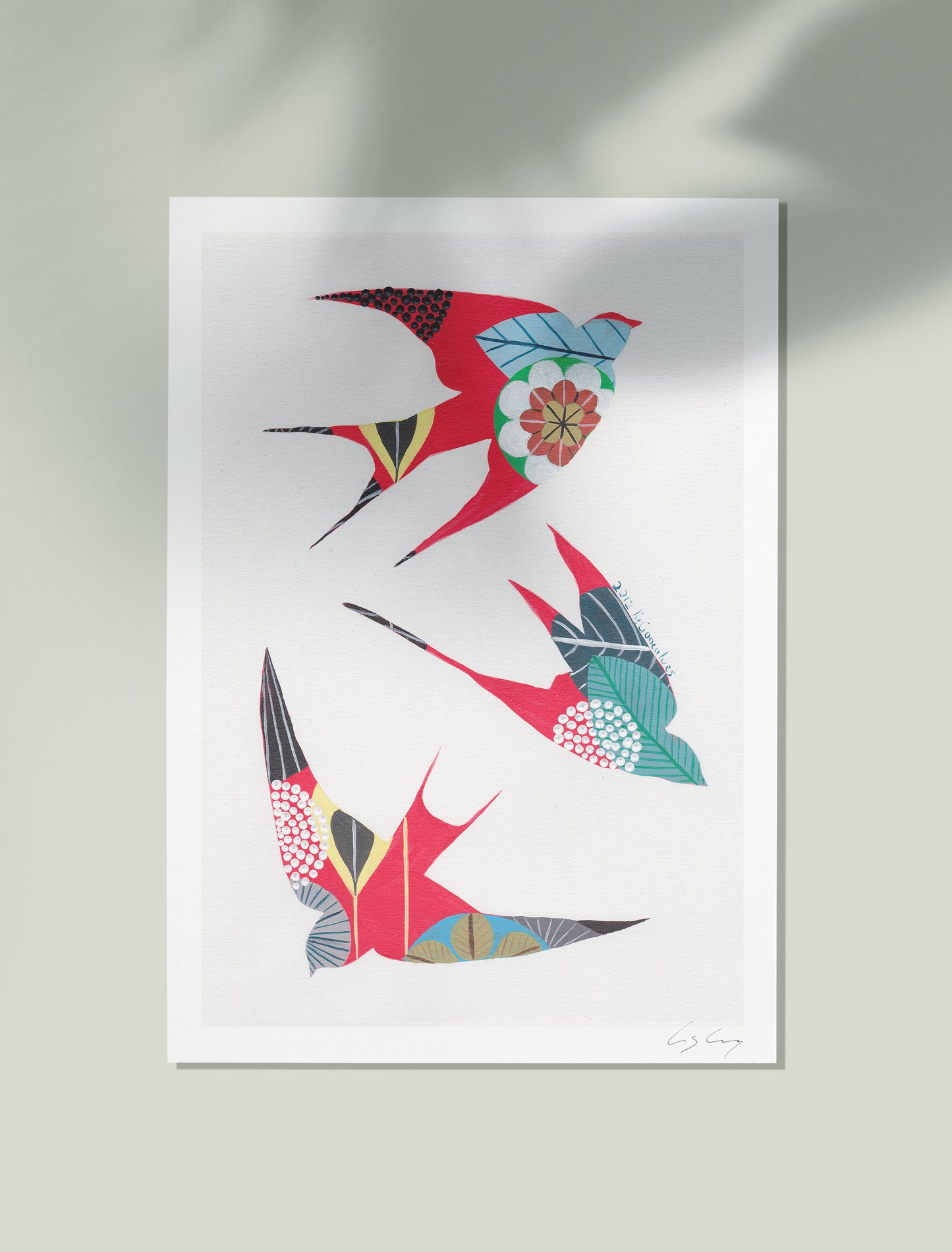 An unframed fine art print, by Lis Gonçalves. Open edition, signed by the artist (printed in Hahnemühle matt fibre paper) featuring colorful swallows on a white background