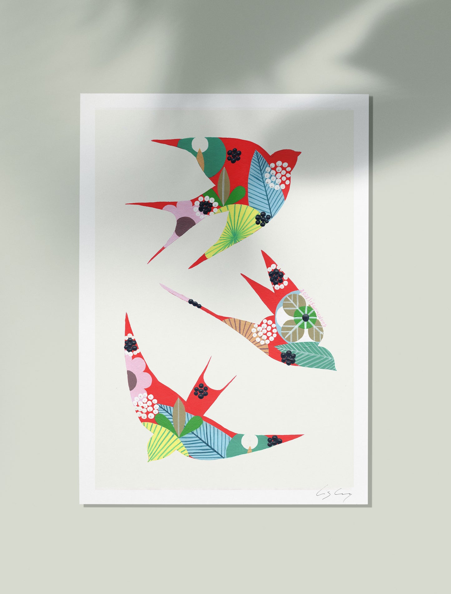 An unframed fine art print, by Lis Gonçalves. Open edition, signed by the artist (printed in Hahnemühle matt fibre paper) featuring colorful swallows on a white background