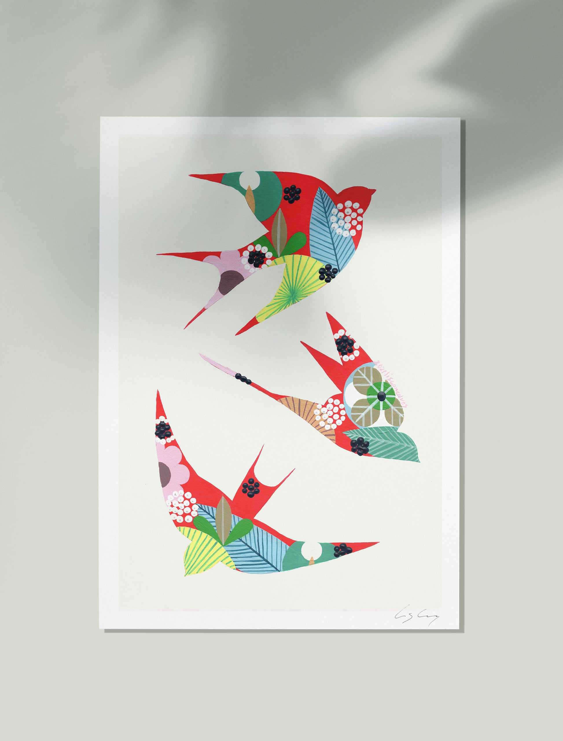 An unframed fine art print, by Lis Gonçalves. Open edition, signed by the artist (printed in Hahnemühle matt fibre paper) featuring colorful swallows on a white background
