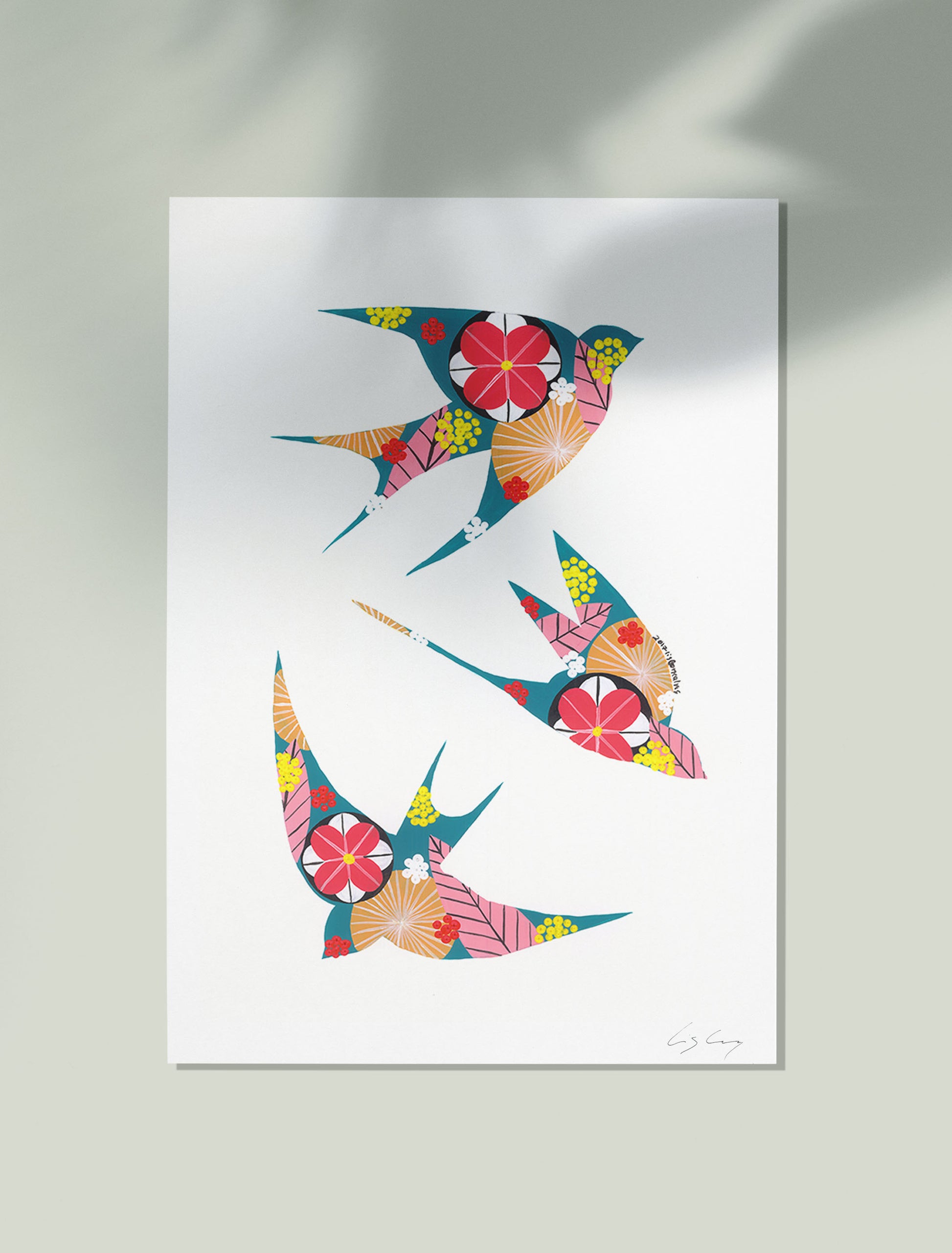 An unframed fine art print, by Lis Gonçalves. Open edition, signed by the artist (printed in Hahnemühle matt fibre paper) featuring colorful swallows on a white background