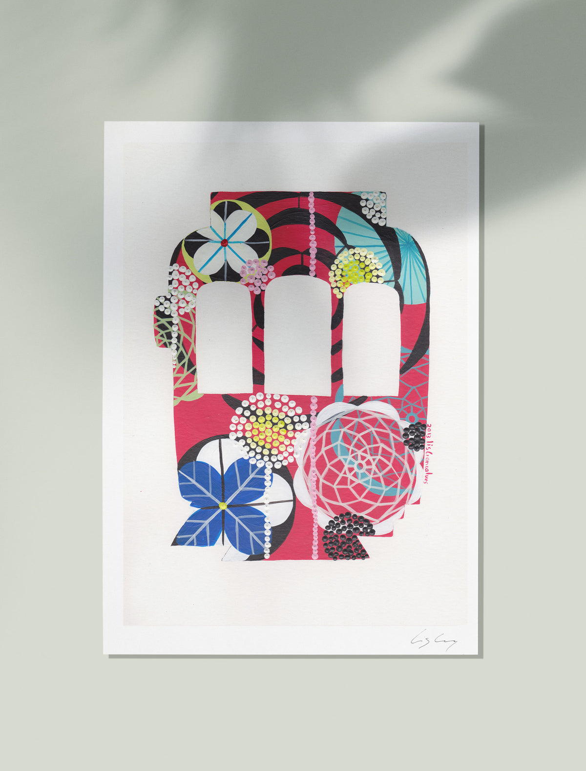 An unframed fine art print, by Lis Gonçalves. Open edition, signed by the artist (printed in Hahnemühle matt fibre paper) featuring a colorful Lisbon tram on a white background