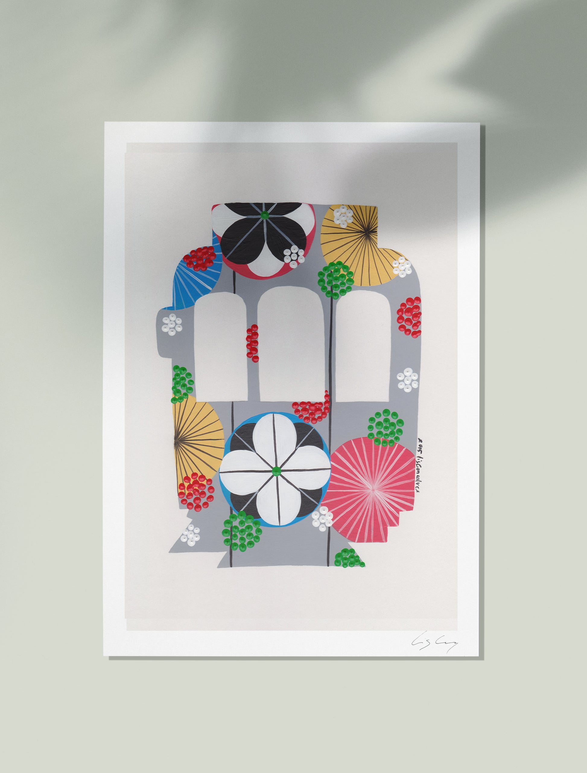 An unframed fine art print, by Lis Gonçalves. Open edition, signed by the artist (printed in Hahnemühle matt fibre paper) featuring a colorful Lisbon tram on a light gray background