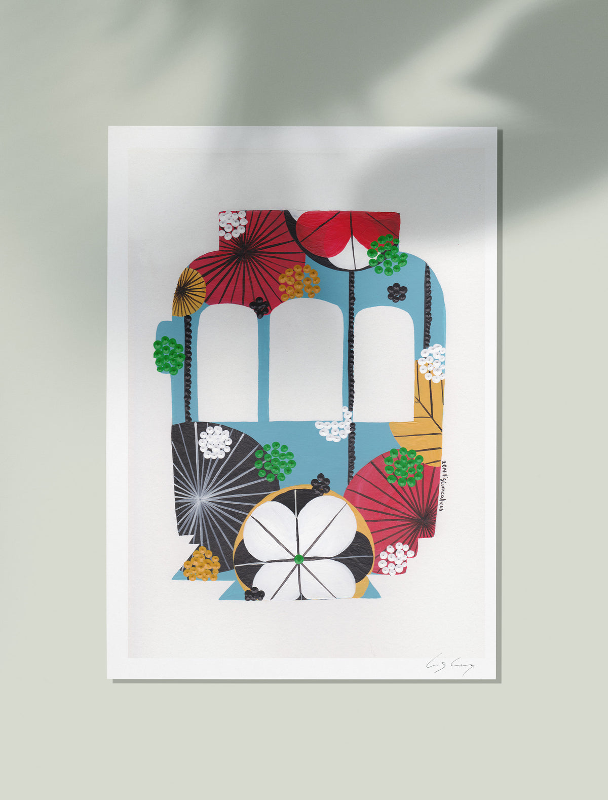 An unframed fine art print, by Lis Gonçalves. Open edition, signed by the artist (printed in Hahnemühle matt fibre paper) featuring a colorful Lisbon tram on a light gray background