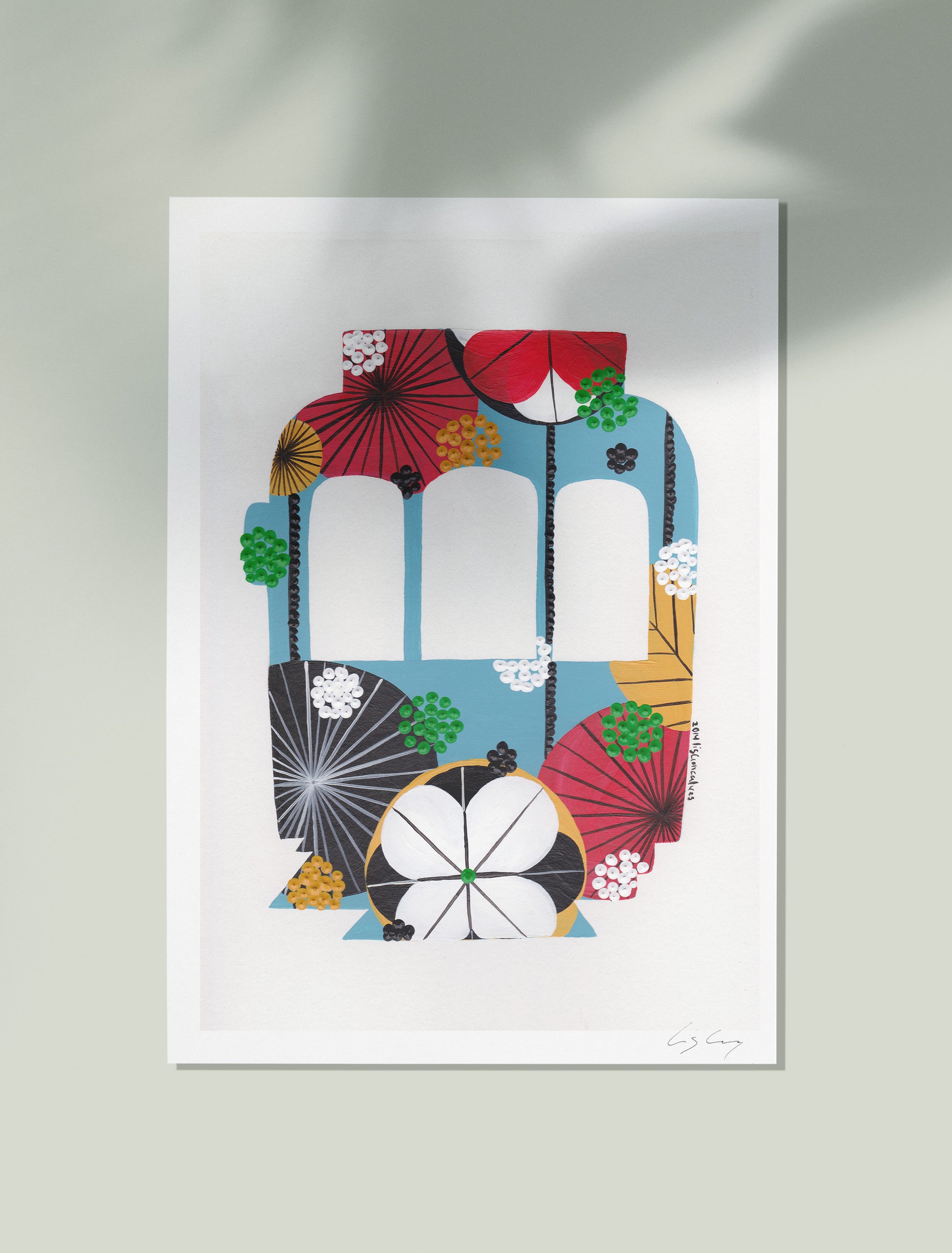 An unframed fine art print, by Lis Gonçalves. Open edition, signed by the artist (printed in Hahnemühle matt fibre paper) featuring a colorful Lisbon tram on a light gray background