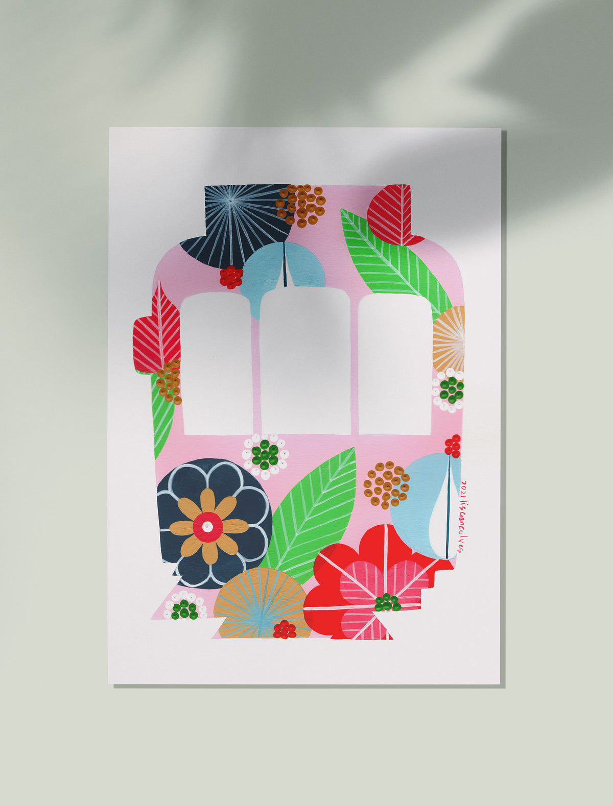 An unframed fine art print, by Lis Gonçalves. Open edition, signed by the artist (printed in Hahnemühle matt fibre paper) featuring a colorful Lisbon tram on a white background