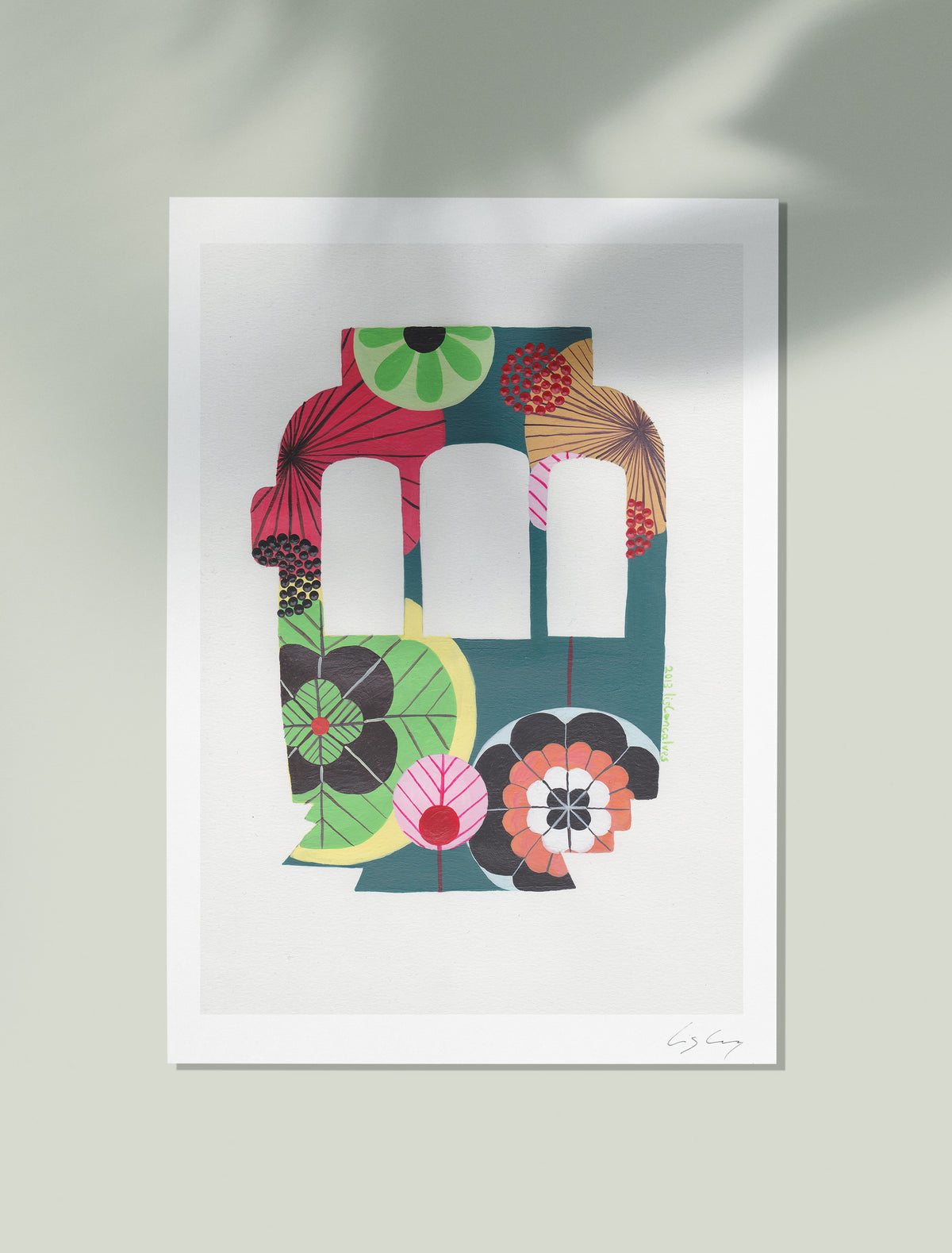 An unframed fine art print, by Lis Gonçalves. Open edition, signed by the artist (printed in Hahnemühle matt fibre paper) featuring a colorful Lisbon tram on a white background