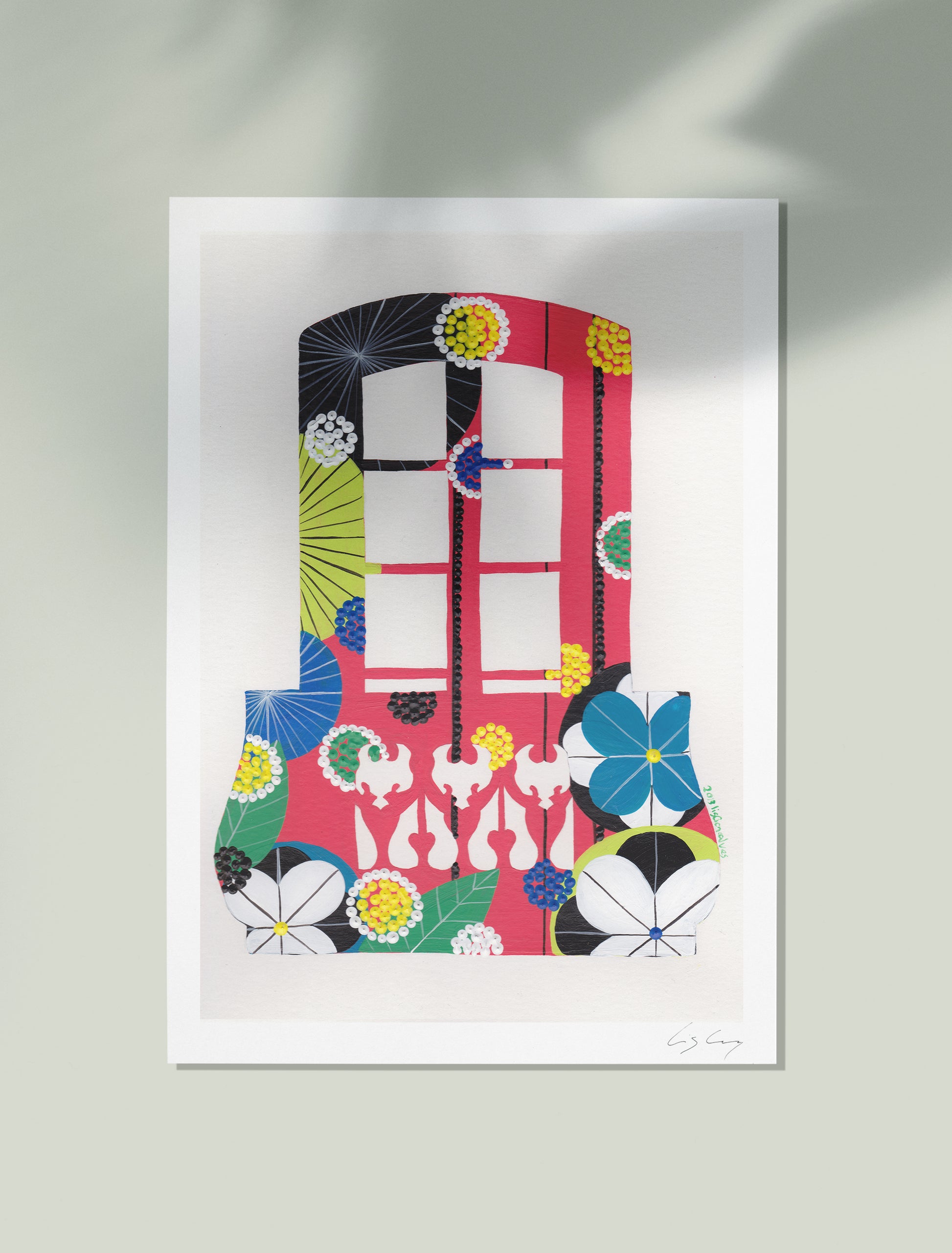 A framed fine art print, by Lis Gonçalves. Open edition, signed by the artist. Printed in Hahnemühle matt fibre paper; featuring a colorful balcony with geometric shapes and patterns on a white background