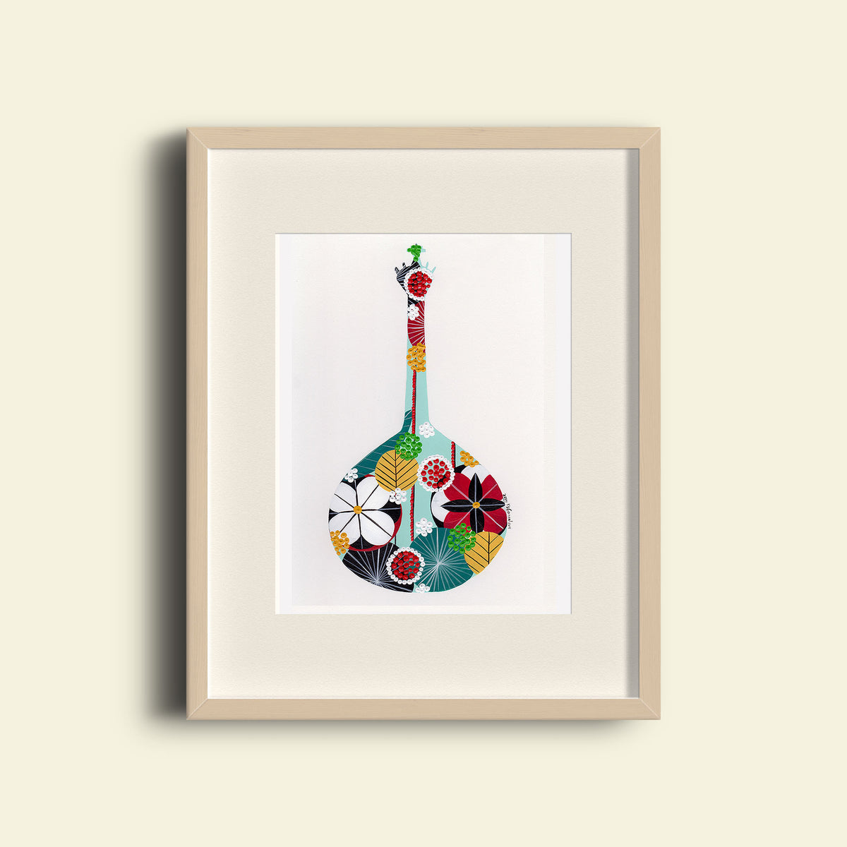 A framed fine art print, by Lis Gonçalves. Open edition, signed by the artist (printed in Hahnemühle matt fibre paper) featuring a colorful Portuguese guitar on a beige background