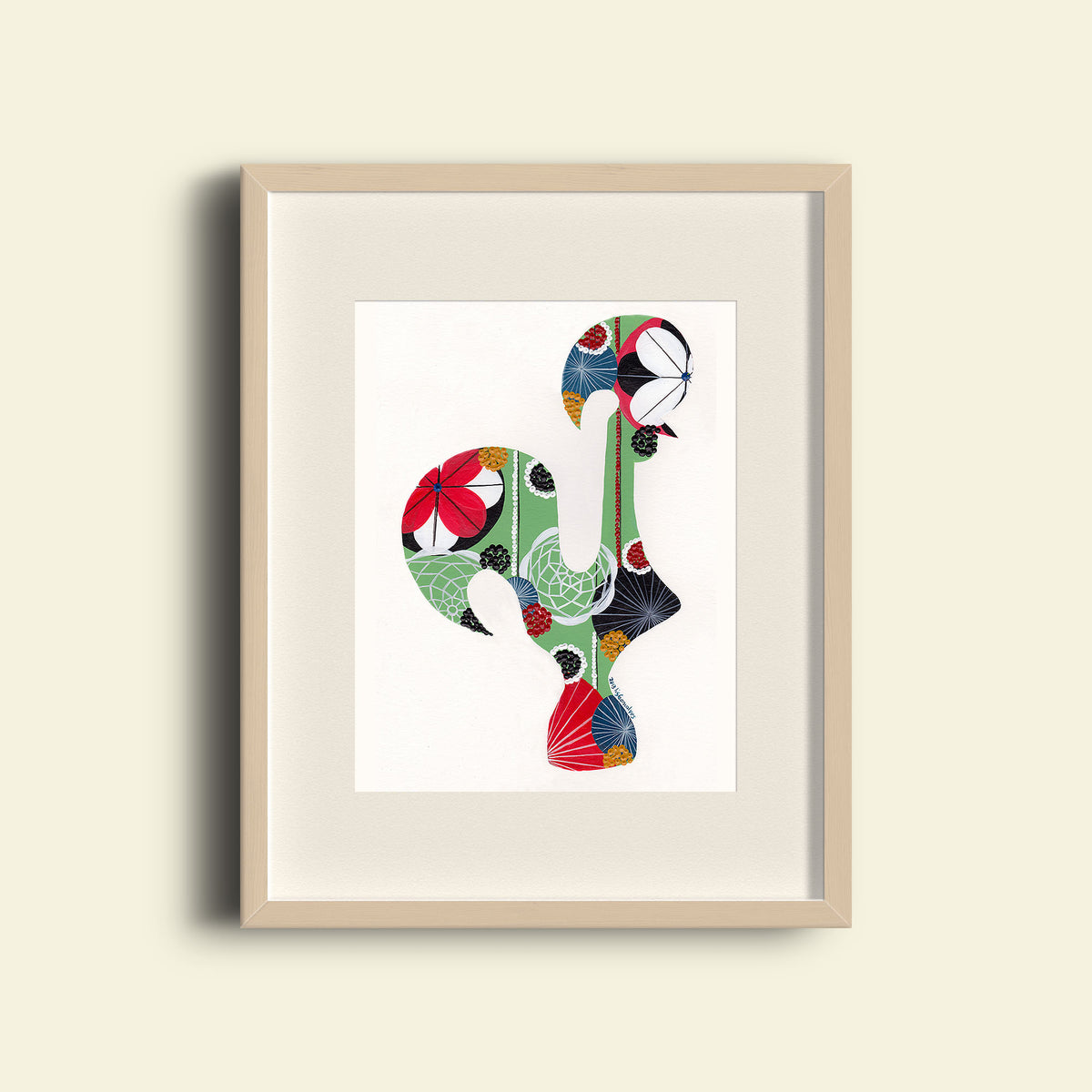 A framed fine art print, by Lis Gonçalves. Open edition, signed by the artist (printed in Hahnemühle matt fibre paper) featuring a colorful Portuguese rooster on a beige wall