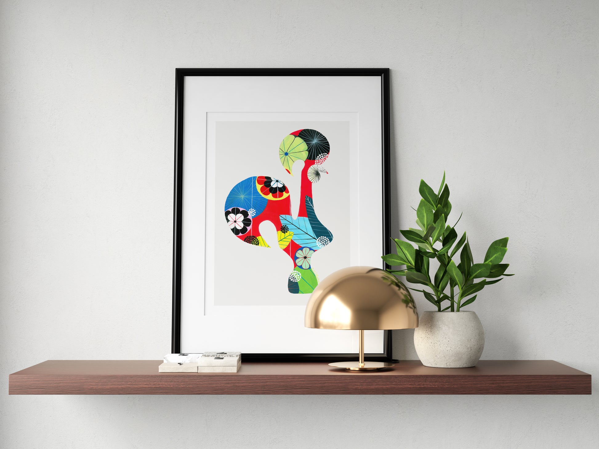 A framed fine art print, by Lis Gonçalves. Open edition, signed by the artist (printed in Hahnemühle matt fibre paper) featuring a colorful Portuguese rooster on a wooden shelf with a gold lamp and plant.