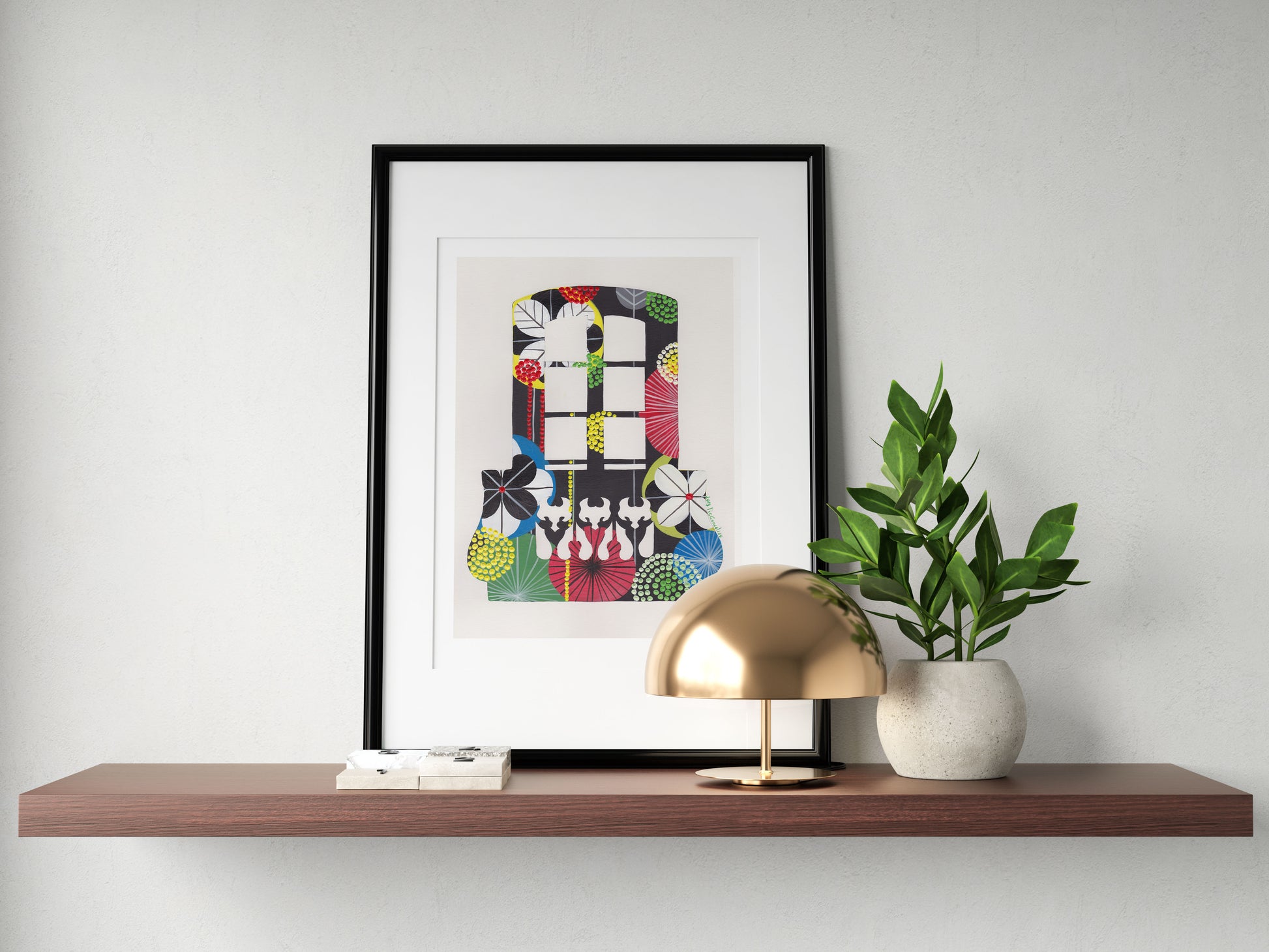 A framed fine art print, by Lis Gonçalves. Open edition, signed by the artist (printed in Hahnemühle matt fibre paper) featuring a Lisbon balcony illustration on a wooden shelf with a lamp and plant against a white wall.