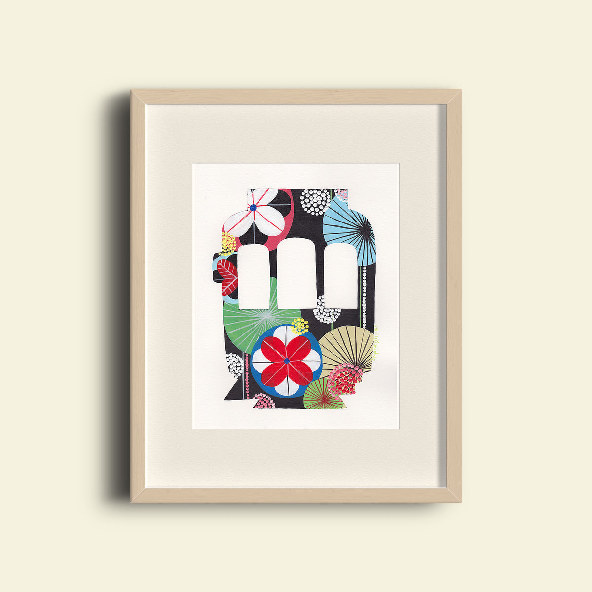 A framed fine art print, by Lis Gonçalves. Open edition, signed by the artist (printed in Hahnemühle matt fibre paper) featuring a colorful Lisbon tram, on a beige background.